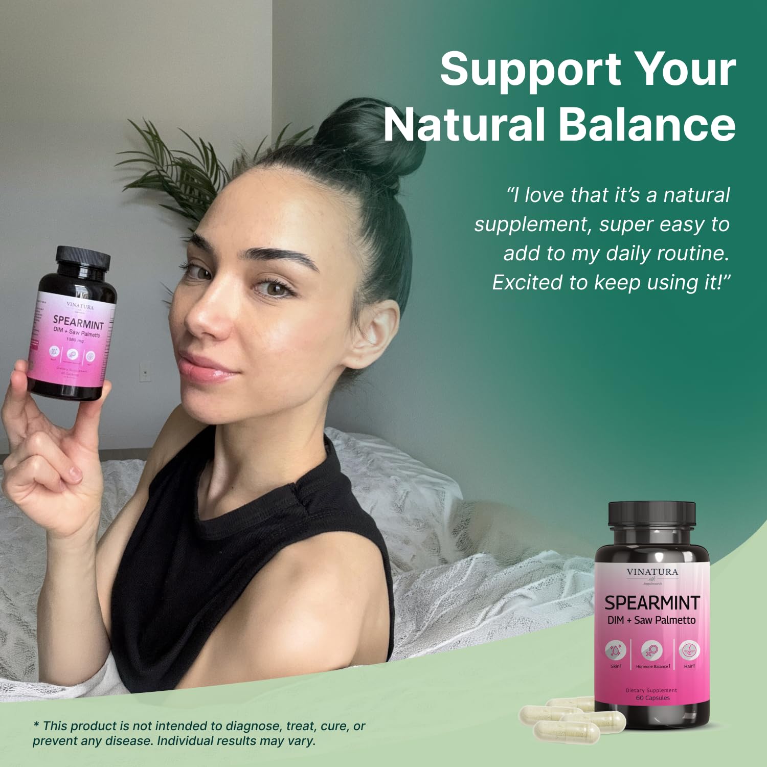 VINATURA Spearmint Leaf Capsules Supplement - Enhanced with DIM & Saw Palmetto, for Unwanted Hair, Women' Health & Skin *USA Made & Tested* - 1380mg/serving, 60 Capsules (30 Servings) VINATURA buy supplements canada