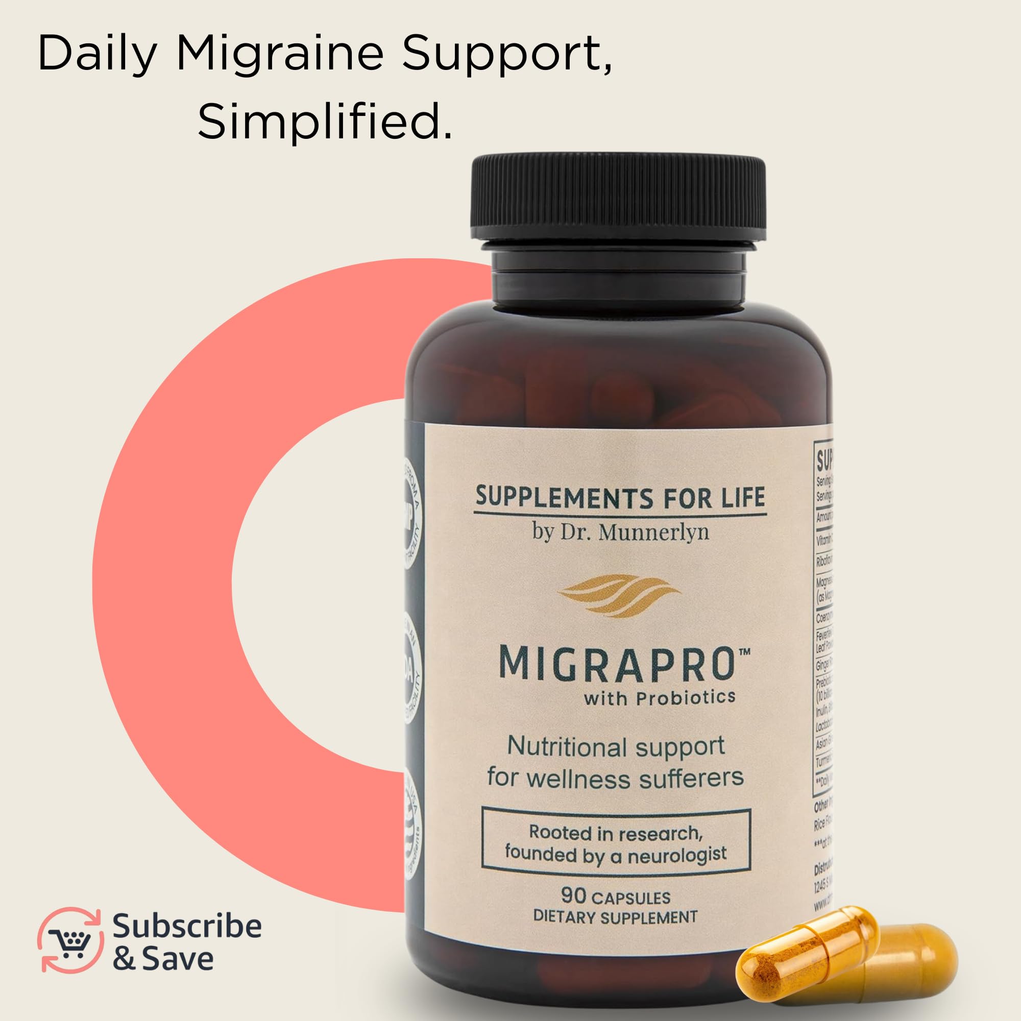 Dr. Munnerlyn MigraPro with Probiotics, Brain and Gut Health Support Supplement with Magnesium, Riboflavin, CoQ10, Ginger Root, Asian Ginseng, Vitamin C, Feverfew & Turmeric, Gluten Free, 90 Capsules Dr. Munnerlyn buy supplements canada