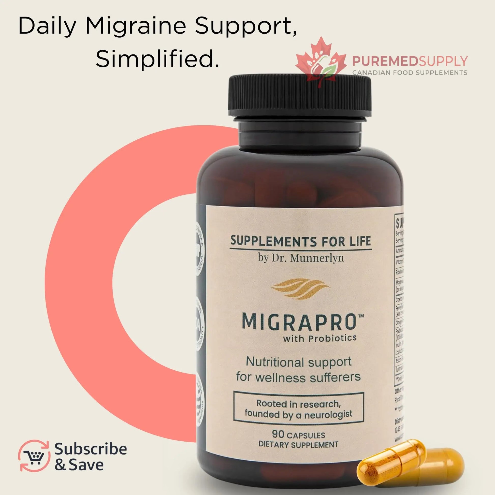 Dr. Munnerlyn MigraPro with Probiotics, Brain and Gut Health Support Supplement with Magnesium, Riboflavin, CoQ10, Ginger Root, Asian Ginseng, Vitamin C, Feverfew & Turmeric, Gluten Free, 90 Capsules Dr. Munnerlyn buy supplements canada