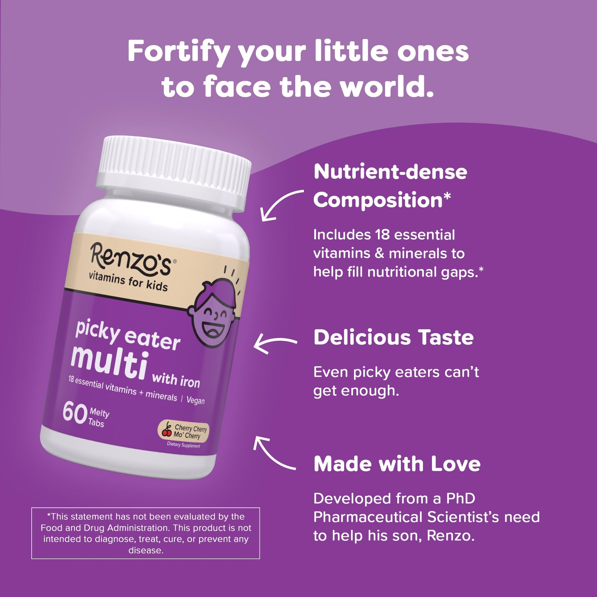 Renzo's Picky Eater Kids Multivitamin with Iron - Dissolvable Kids Vitamins with Iron, Zinc, Vitamin C, Vitamin D, E & K, Sugar-Free Melty Tabs, Cherry Flavor Renzo's buy supplements canada