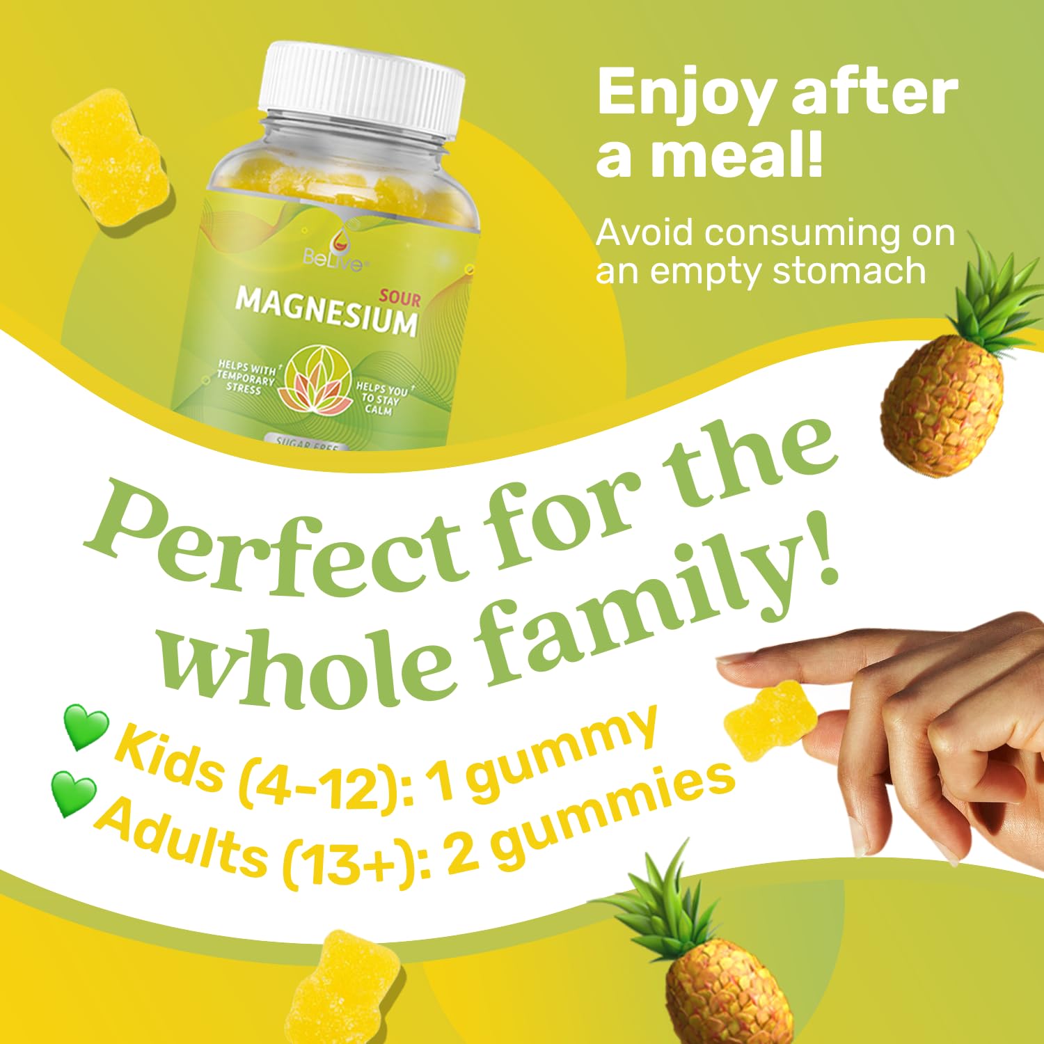 BeLive Magnesium Gummies 200mg - 60 Ct | Magnesium Glycinate Supplements for Relaxation, Stress Relief, and Sleep for Adults & Kids - Tasty and Tangy Pineapple Flavor BeLive buy supplements canada