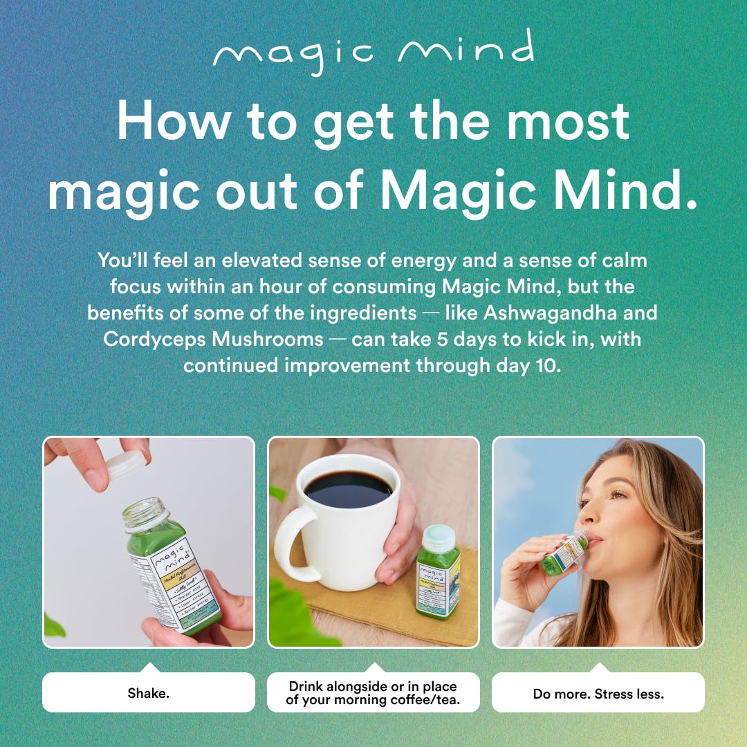 Magic Mind Energy And Focus Drink Shots - Stress Relieving, No Jitters, Ashwagandha, Vitamin B12, Vitamin C, Matcha Green Tea, Functional Mushrooms - 2 FL Oz (15 Pack) Magic Mind buy supplements canada