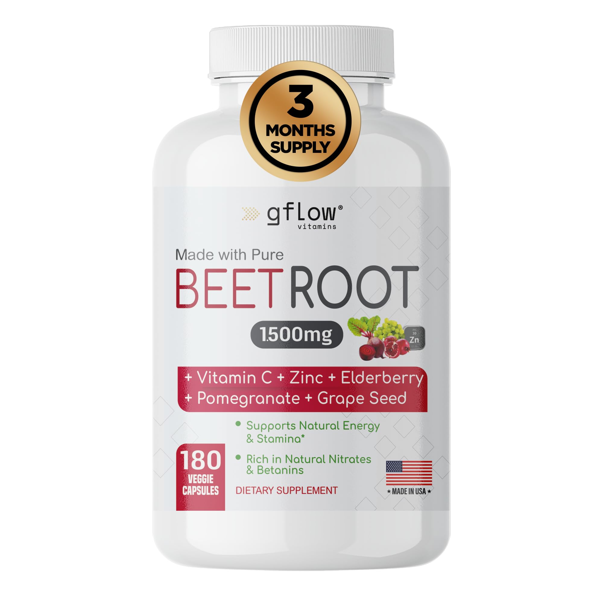 gflow vitamins Beet Root Capsules Organic - All Natural with Vitamin C and Zinc - Supports Heart Health & Stamina, Non-GMO, 180 Vegetarian Capsules | Made in USA gflow vitamins buy supplements canada