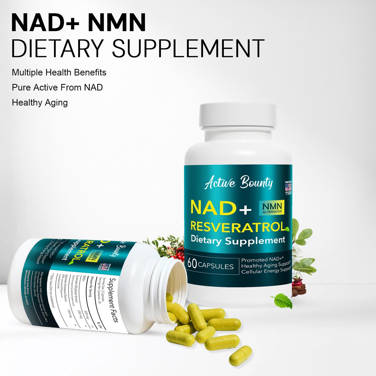 NAD+ Resveratrol Supplement with Quercetin – NMN Alternative for Cellular Energy Support, Focus & Healthy Aging – High Potency 500mg NAD+ Formula, Vegan, Non-GMO, Gluten-Free, Made in USA, 60 Capsules Active Bounty buy supplements canada