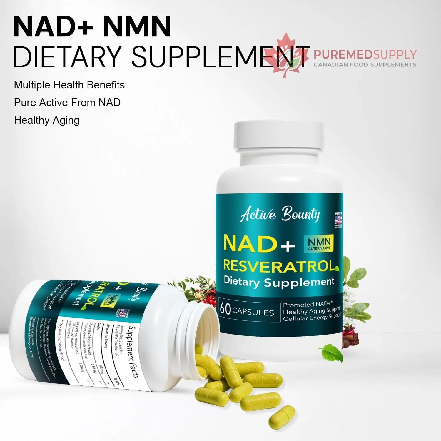 NAD+ Resveratrol Supplement with Quercetin – NMN Alternative for Cellular Energy Support, Focus & Healthy Aging – High Potency 500mg NAD+ Formula, Vegan, Non-GMO, Gluten-Free, Made in USA, 60 Capsules Active Bounty buy supplements canada
