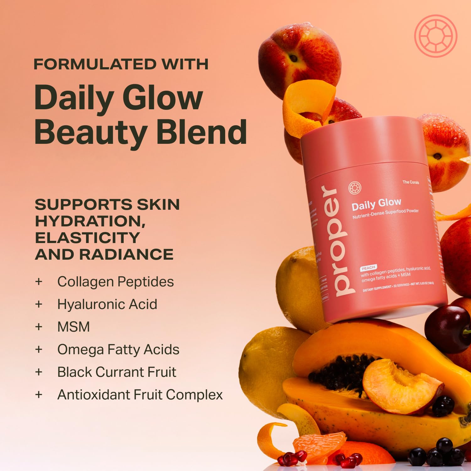 Proper, The Corals Daily Glow Beauty Blend - Nutrient Dense Superfood Powder with Collagen Peptides, Hyaluronic Acid Powder, Vitamin C, and MSM. Hair, Skin, Nail Vitamin Supplement for Women & Men Proper buy supplements canada