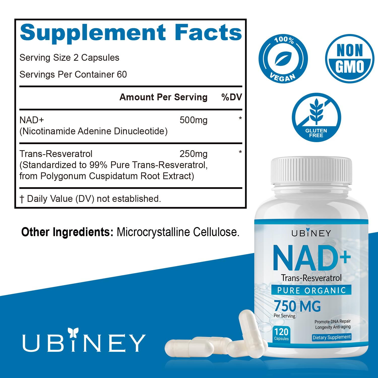 Ubiney NAD+ 750mg with Trans-Resveratrol – Pure Organic Nicotinamide Adenine Dinucleotide Supplement – DNA Repair, Cellular Energy, Anti-Aging Support – 120 Vegan Capsules, Non-GMO, Gluten-Free Ubiney buy supplements canada