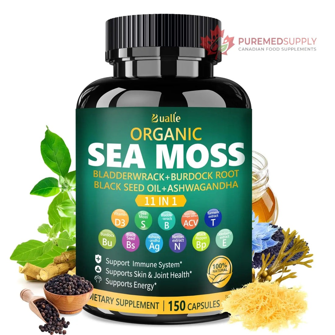 Bualle Irish Sea Moss Capsules – Organic Sea Moss, Black Seed Oil, Ashwagandha Supplements with Bladderwrack, Ginger & Burdock Root – Supports Daily Wellness, Skin & Energy – 150 Count (1 Pack) Bualle buy supplements canada