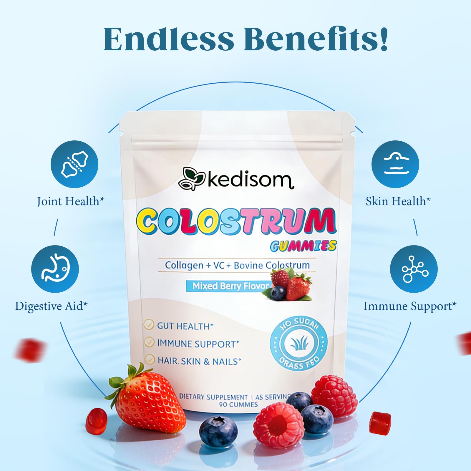 KEDISOM Colostrum Gummies, Grass Fed Colostrum Supplement, 90 Bovine Colostrum Gummies, 45 Servings, Mixed Berry, Sugar-Free KEDISOM buy supplements canada