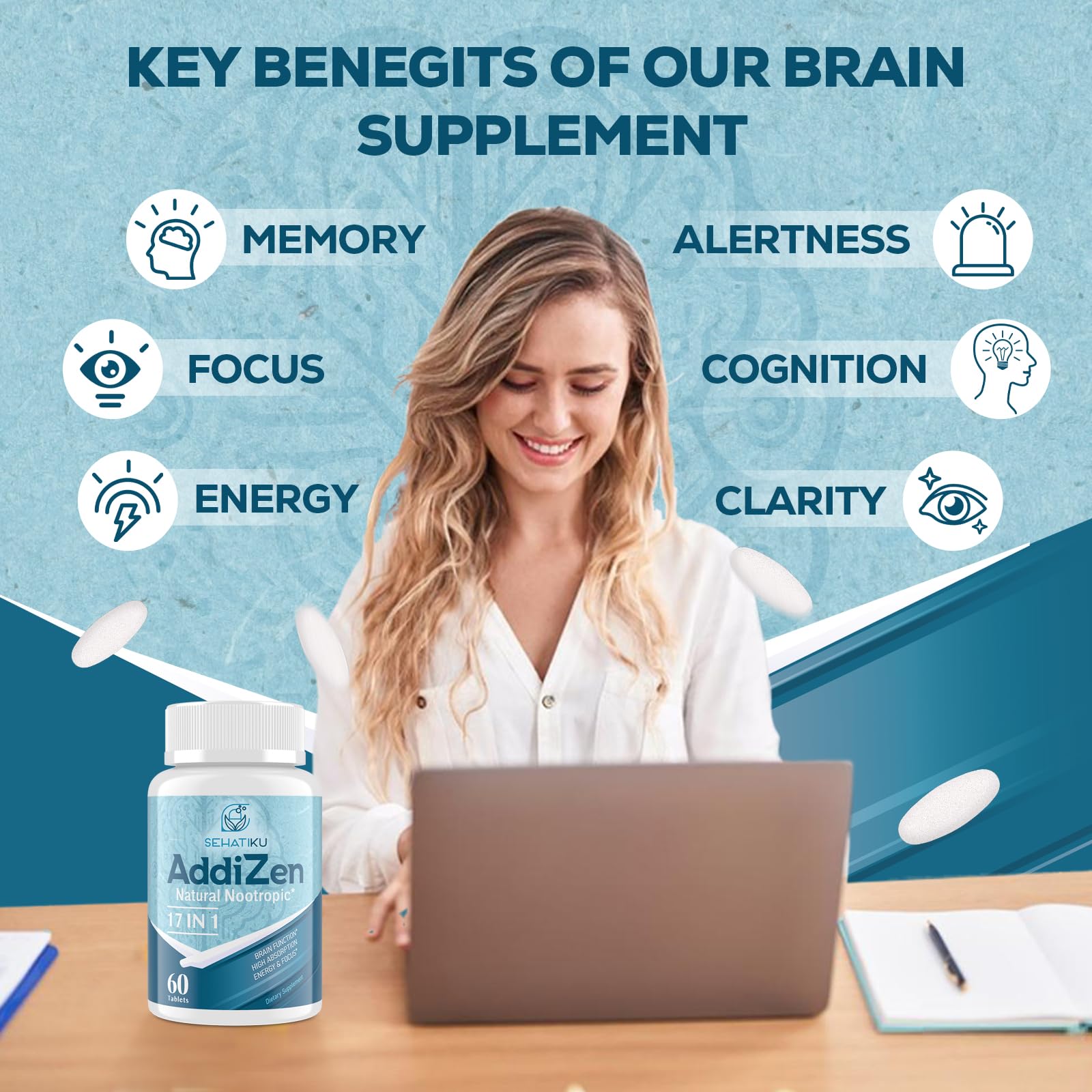 17-in-1 Brain Supplement for Memory and Focus | Natural Nootropics Brain Supplement for Brain Cognition, Energy | High Absorption | L-Theanine, Phytonutrient Blend and Vitamins B6, B12 | 60 Tablets SehatiKu buy supplements canada