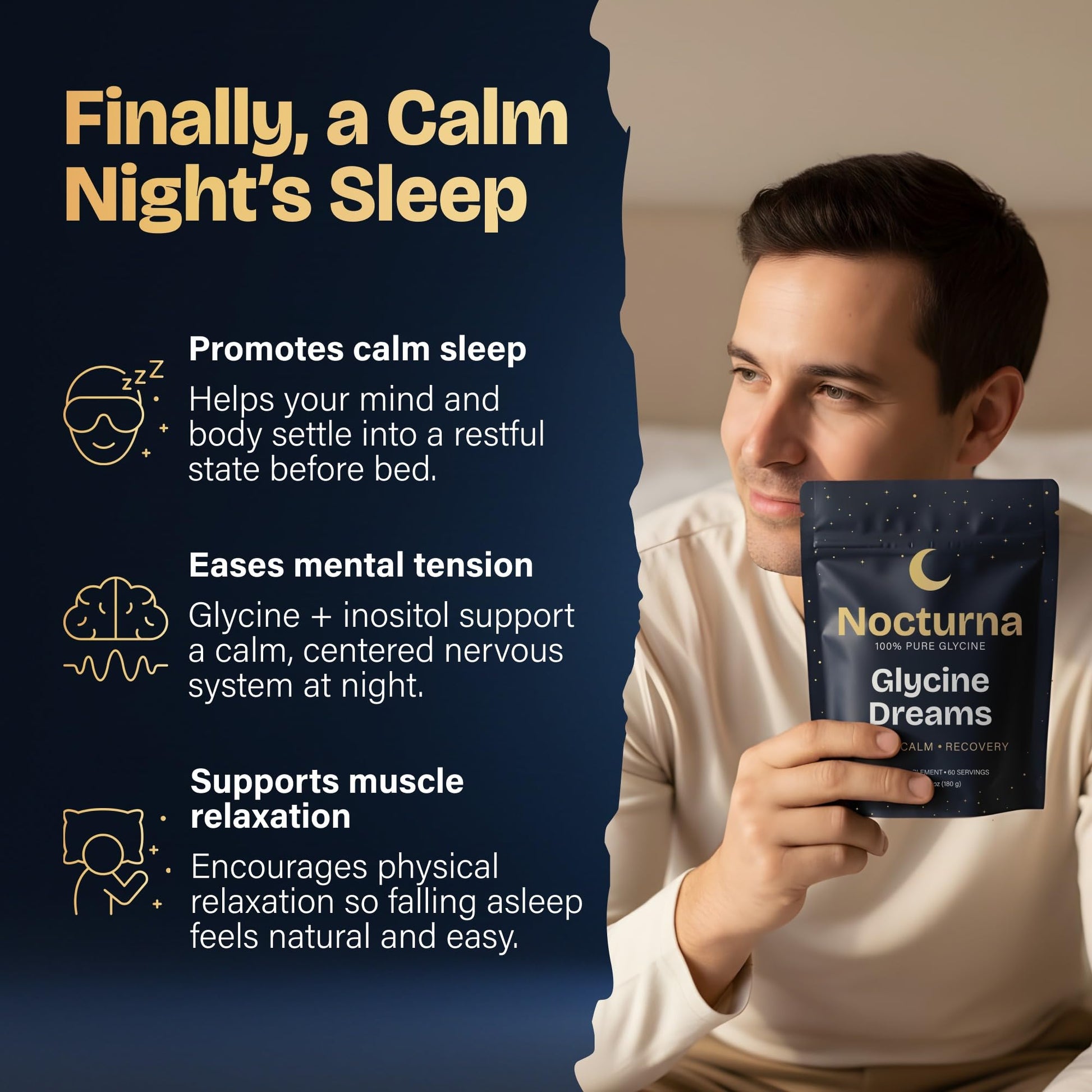 Nocturna Glycine Supplement – 100% Pure 3g Glycine Powder for Sleep, Calm & Recovery – USA Made Sleep Aid for Men & Women – Non-GMO & Completely Natural - 6.3Oz for 60 Servings Nocturna buy supplements canada