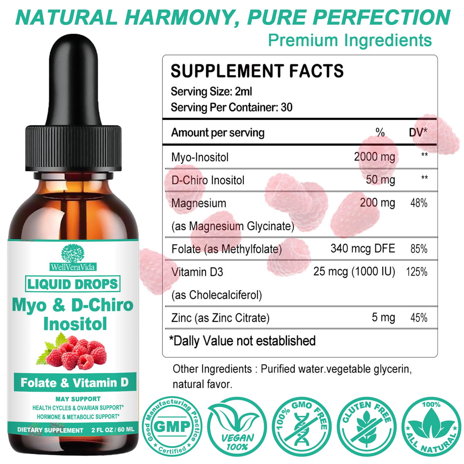 Myo Inositol & D-Chiro Inositol Supplement Liquid for Women- Ideal 40:1 Ratio Inositol Drops with MTHF Folate, Magnesium, Vitamin D, Supports Hormone Balance, Regular Cycles & Ovarian Health丨Vegan WellVeraVida buy supplements canada