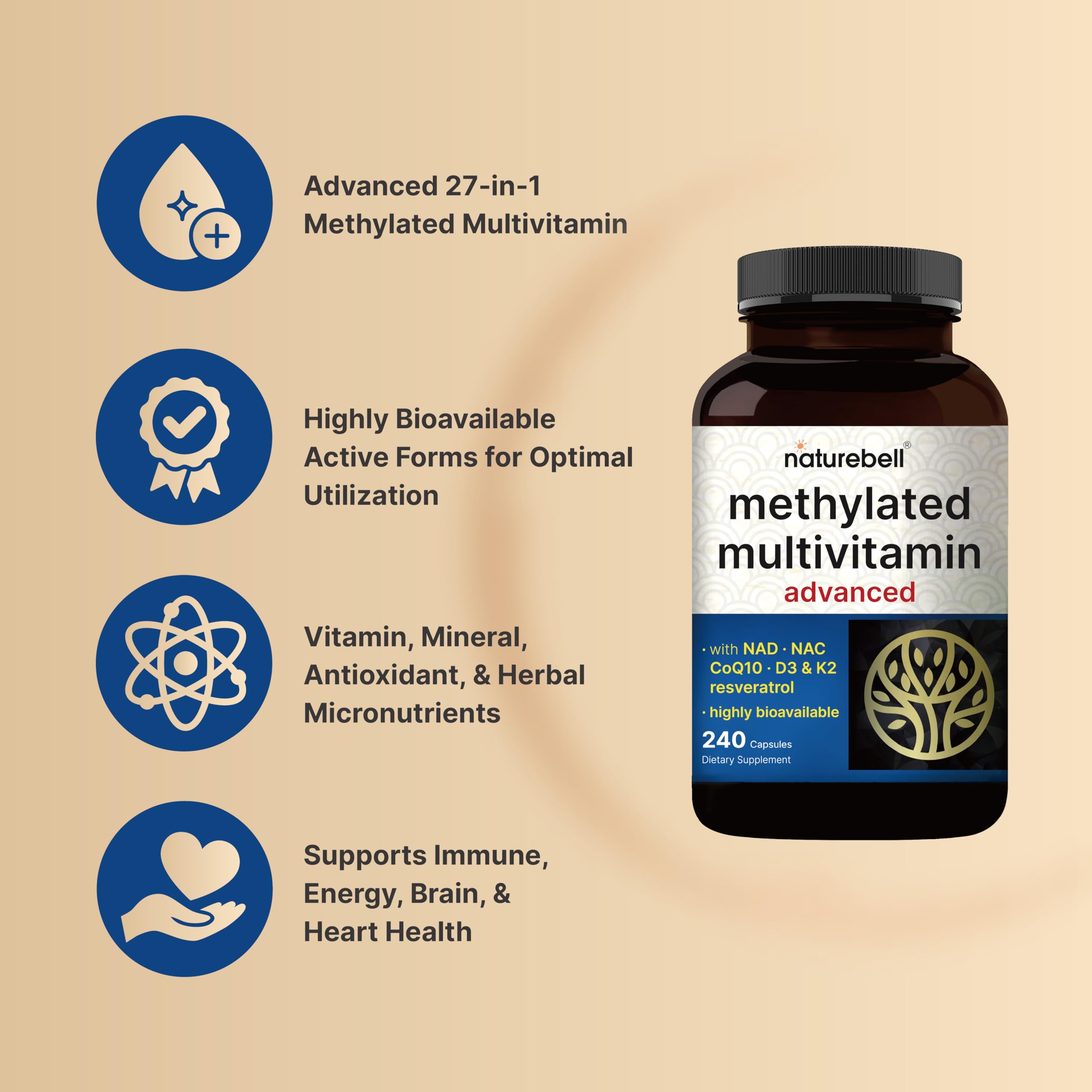 Methylated Multivitamin, 240 Capsules | Highly Bioavailable – 27 Advanced Nutrients – Vitamins A, C, D3, K2 + B Complex with Methylfolate, Methylcobalamin NatureBell buy supplements canada