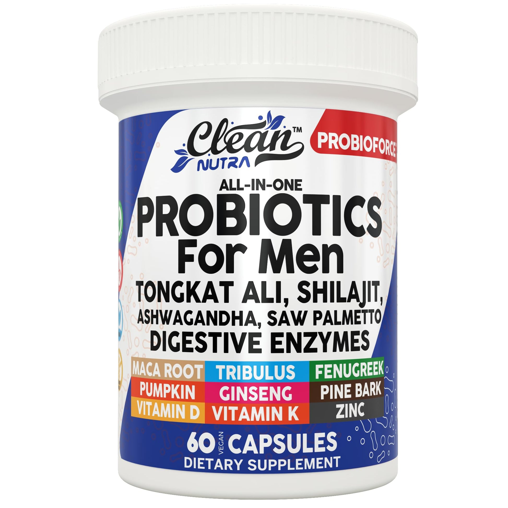Clean Nutra Probiotics for Men | Tongkat Ali, Saw Palmetto, Tribulus, Ginseng, Ashwagandha, Maca, Pumpkin, Gingko Biloba, Pine Bark, Fenugreek, Shilajit, Zinc - Mens Probiotic 60 Capsules Clean Nutraceuticals buy supplements canada