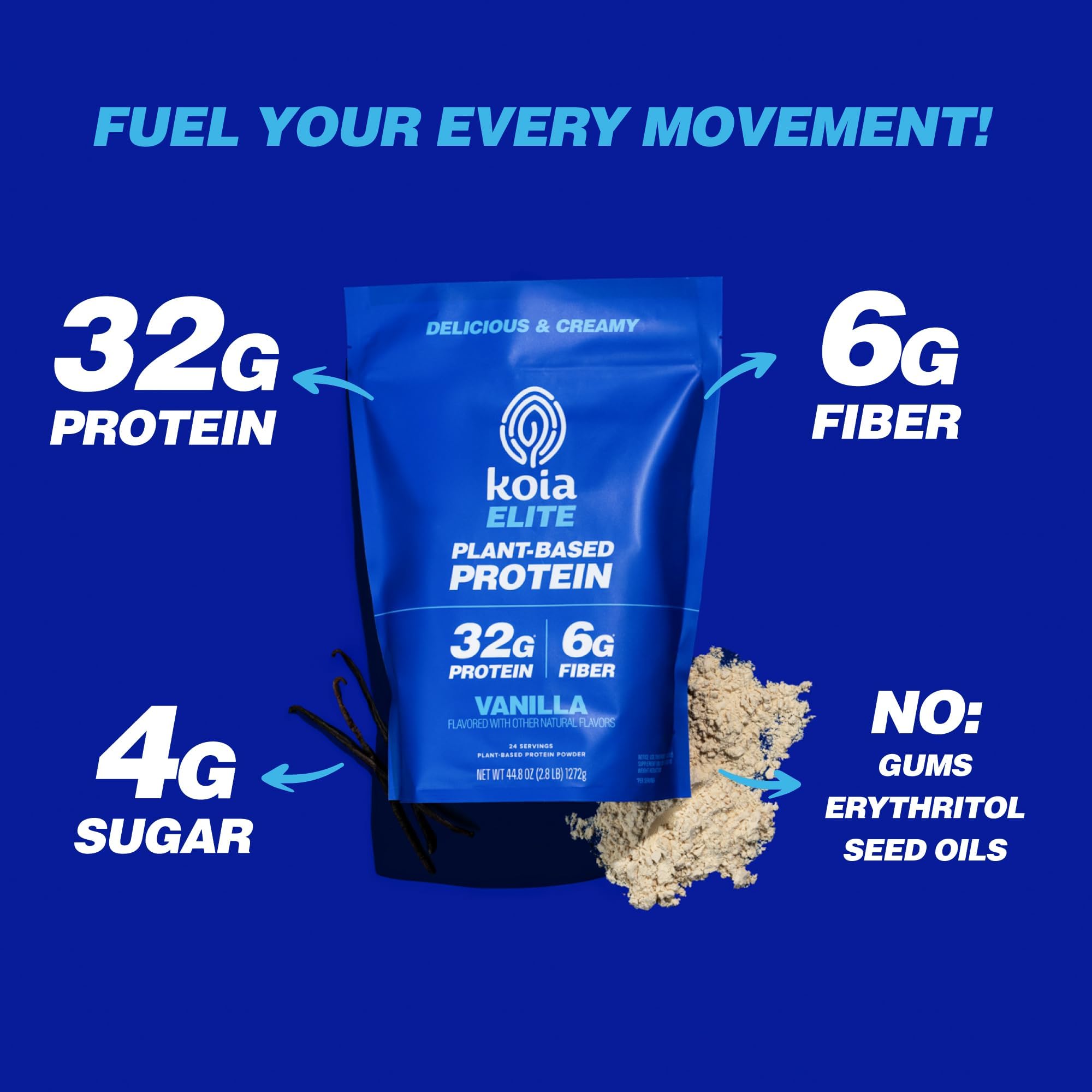 Koia Plant Based Protein Elite Powder, Vanilla, 32g Protein, 4g Sugar, 6g Prebiotic Fiber, Pre & Post Workout, 21 Vitamins & Minerals, Dairy-Free, Gluten-Free, Non-GMO, 24 Servings, 44.8 Oz Koia buy supplements canada