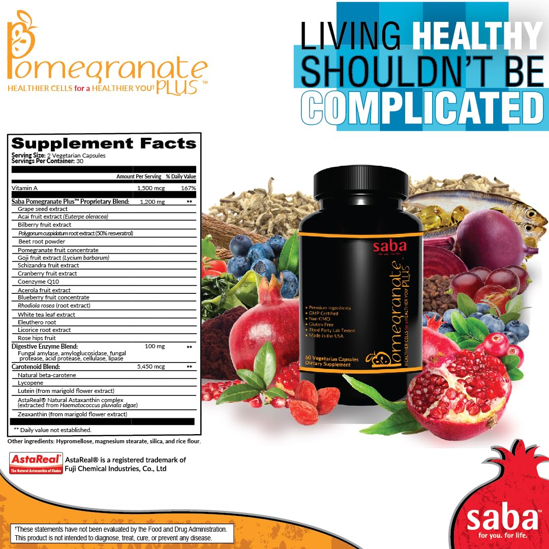 Saba Pomegranate Plus – Antioxidant Supplement with Astaxanthin & Adaptogens | Immune, Skin, Heart & Brain Support | Daily Stress & Cellular Wellness | 60 Capsules Saba buy supplements canada