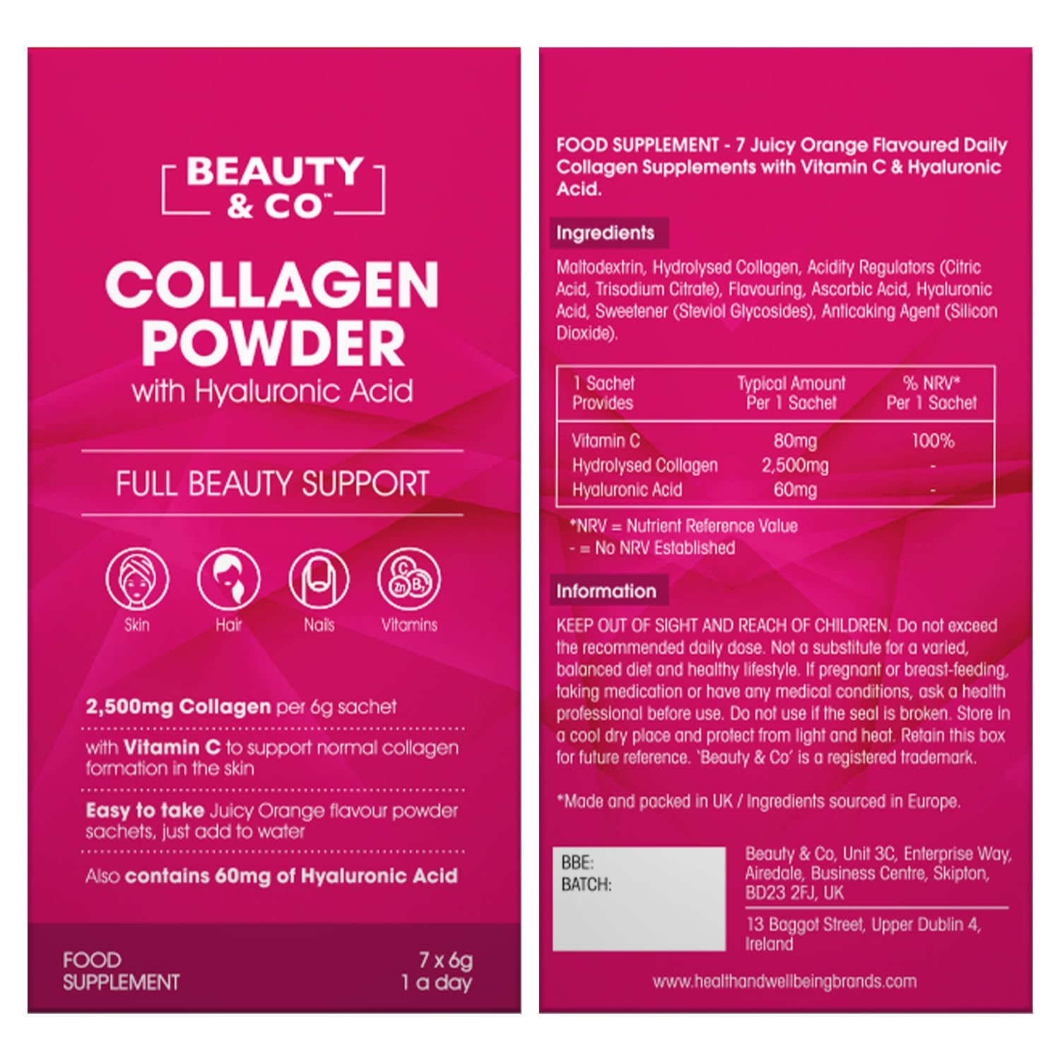 Collagen 2500mg Powder Supplement Boosted with Vitamin C and Hyaluronic Acid (Bovine) Beauty & Co buy supplements canada