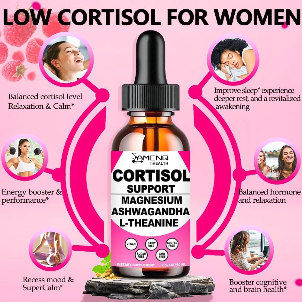 Cortisol Supplement Liquid Drops, 17-in-1 Cortisol Reducer w. Ksm-66 Ashwagandha Theanine Rhodiola Rosea Magnesium Phosphatidylserine, Hormone Balanced & Lower Cortisol for Women Calm* Relaxation AMENQ hHEALTH buy supplements canada
