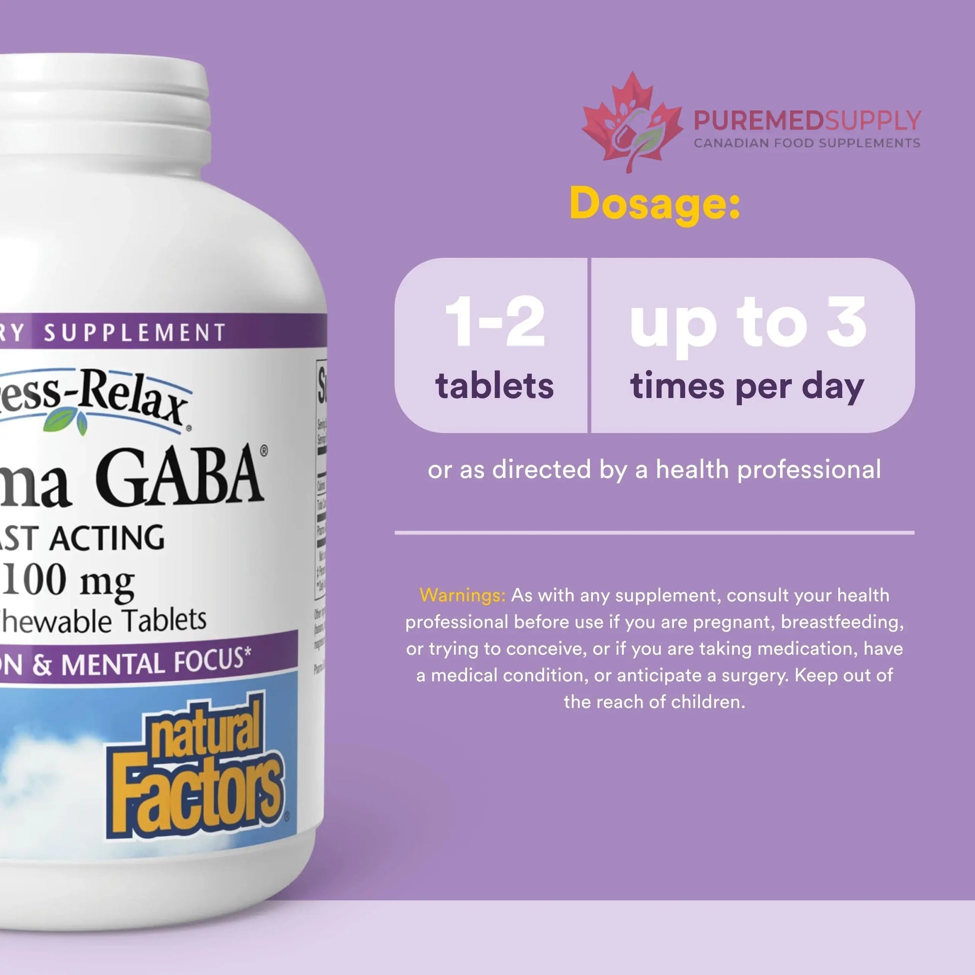 Natural Factors Pharma GABA - Dietary Supplement Supports Calm Sleep & Sleep Quality - Natural, Fast-Working Supplement Aids Focus & Brain Health - 120 Chewable Tablets (60 Servings) Natural Factors buy supplements canada