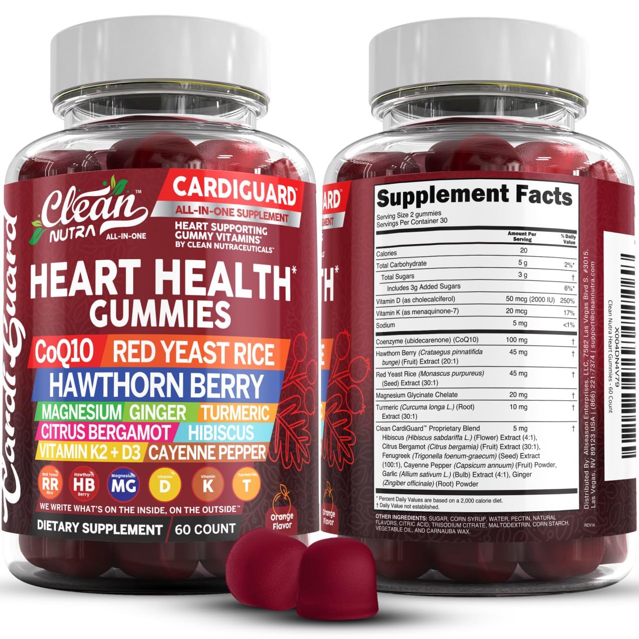 Clean Nutraceuticals Coq10 Gummies | Red Yeast Rice Hawthorn Berry Ginger Turmeric Citrus Bergamot Hibiscus Vitamin K2+D3 Magnesium Glycinate Cayenne Pepper Fenugreek Orange Flavor CardiGuard Clean Nutraceuticals buy supplements canada