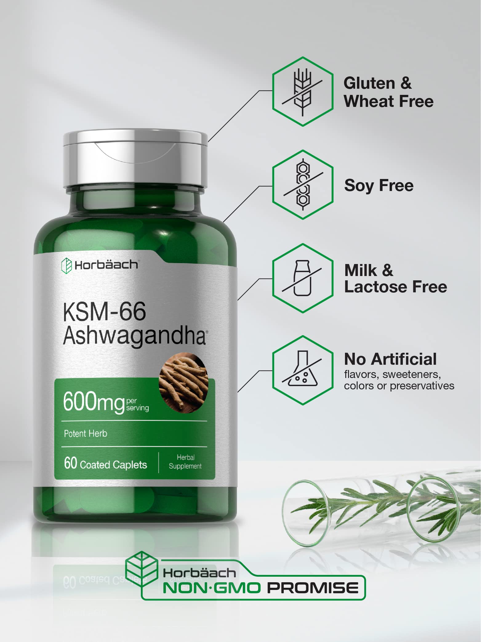 Horbäach KSM-66 Ashwagandha 600mg | with L-Theanine | 60 Coated Caplets | Vegan, Non-GMO, Gluten Free Complex Supplement Horbäach buy supplements canada