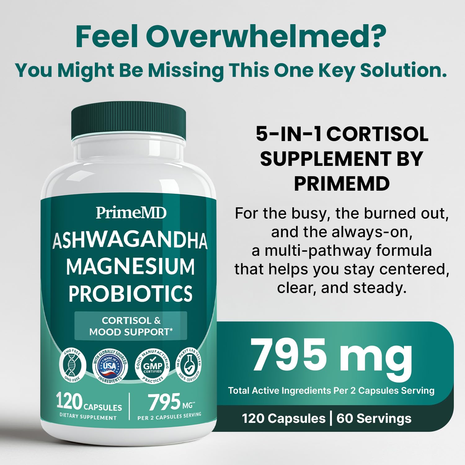 5-in-1 Cortisol Supplement for Women and Men with Ashwagandha for Calmness, Focus, and Adrenal Support Supplements with Shilajit Extract, Magnesium Glycinate, Probiotics (120 ct) (Pack of 1) PrimeMD buy supplements canada