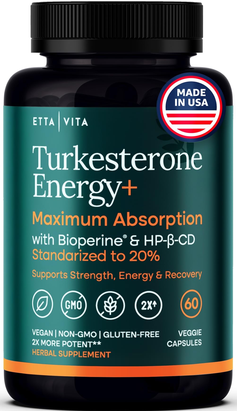 Potent Turkesterone Supplement, 2X Pure (Made in USA - 3rd Party Tested) Most Bioavailable and Natural Test Support Supplement, Supports Energy Lean Muscle Health, Recovery and Stamina, Vegan (60ct) Etta Vita buy supplements canada