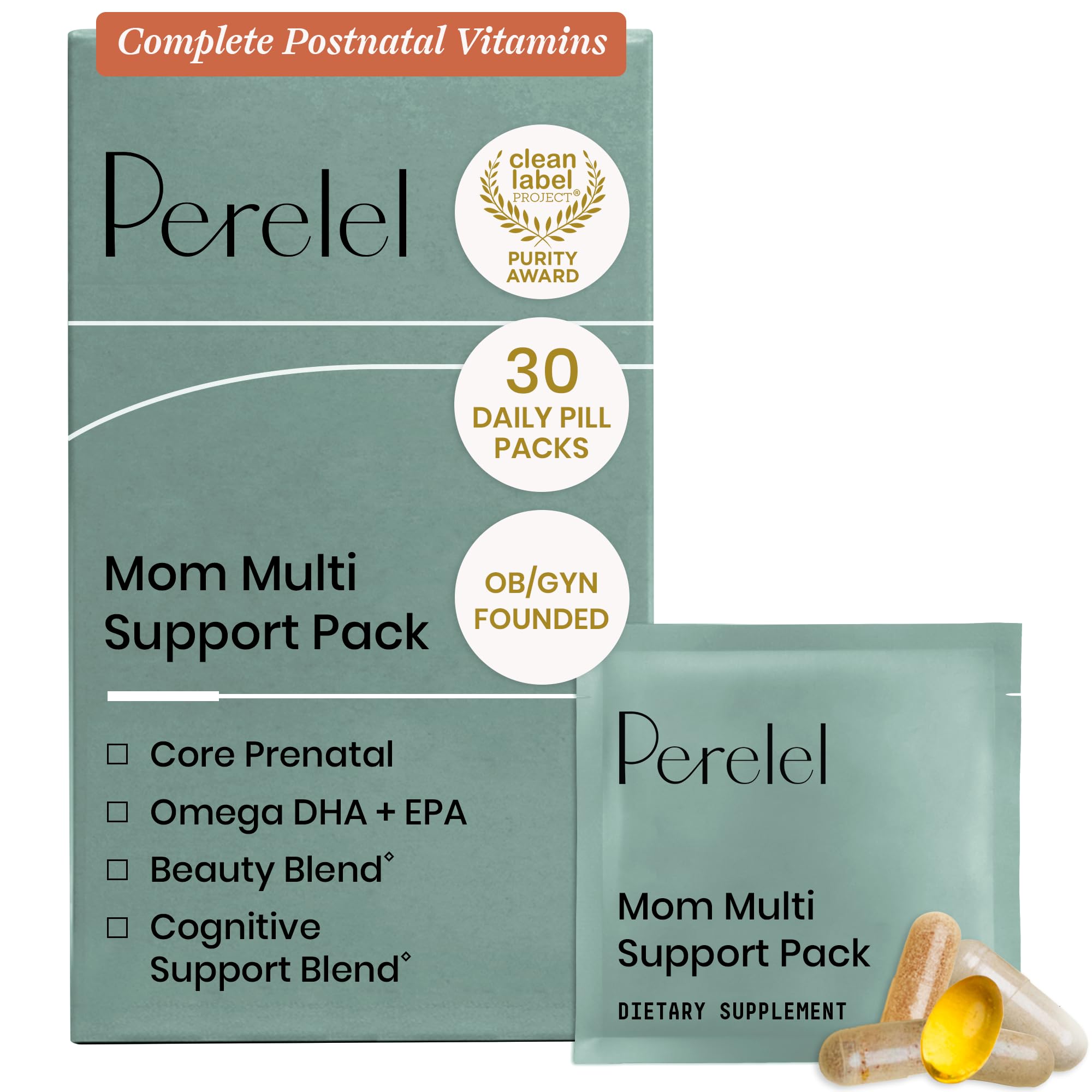 Perelel Mom Multi Support Pack, Postnatal Vitamins for Women with Omega 3 Dha, Iron, Collagen, & Vitamin B12 to Support Postpartum Health Perelel buy supplements canada