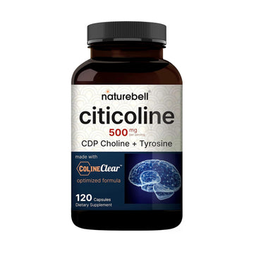 NatureBell Citicoline 500mg - 120 Capsules - Brain Function Support for Adults - Memory & Focus Aid with CDP Choline & Tyrosine - Fast-Absorbing Formula