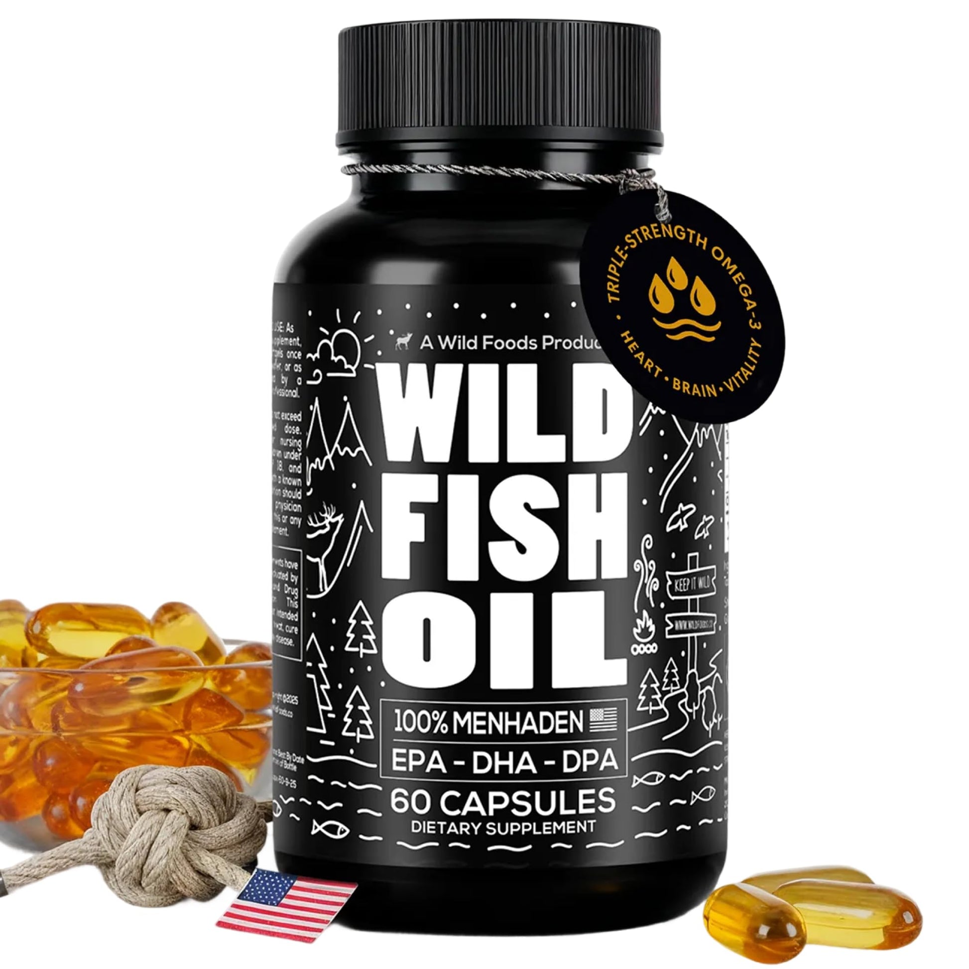 Wild Foods Fish Oil Omega 3 Supplements | 1600 mg | Highly-Potent: DPA, DHA, EPA | Burpless, Odorless, Non-GMO, Gluten Free | For Brain & Heart Health, Joint Support | 60 Capsules (1 pk) | 30 Servings Wild Foods buy supplements canada