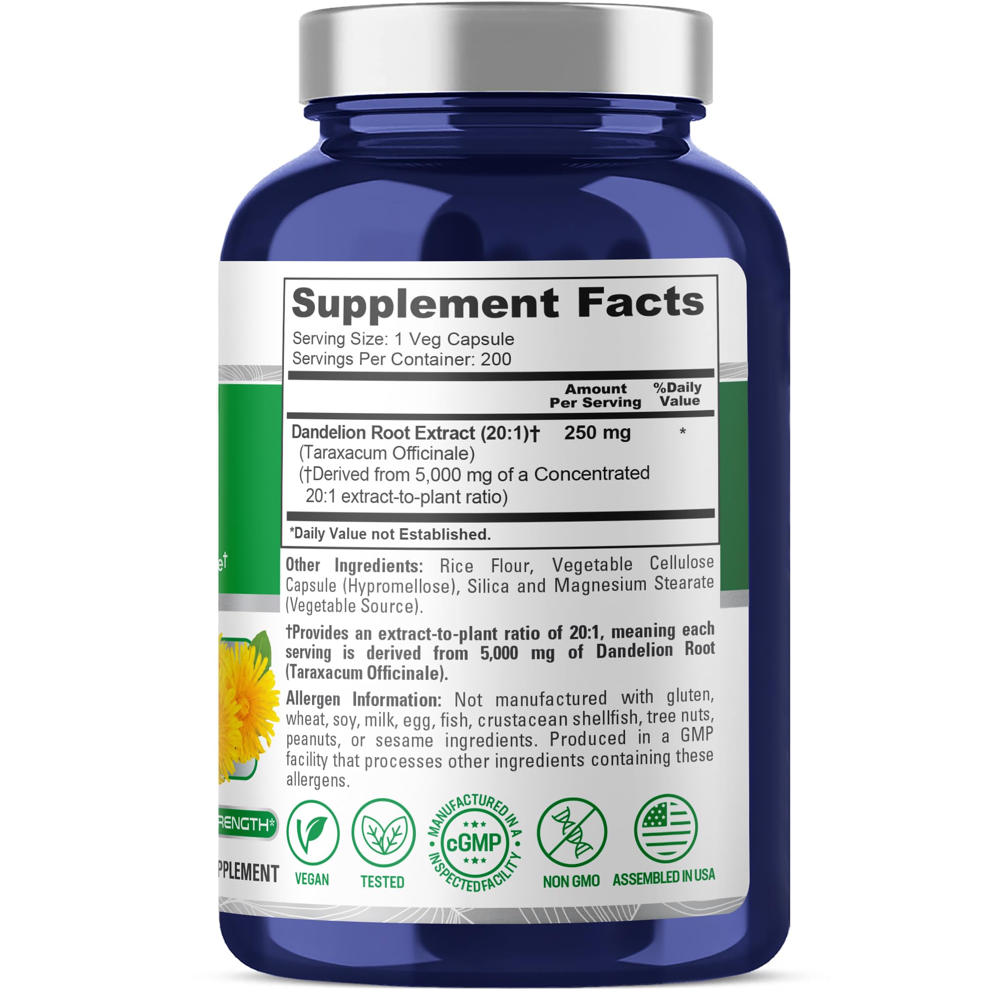 NusaPure Dandelion Root 20:1 Extract, 250 mg Equivalent to 5000mg 200 Veg Capsules (Vegan, Non-GMO) NusaPure buy supplements canada