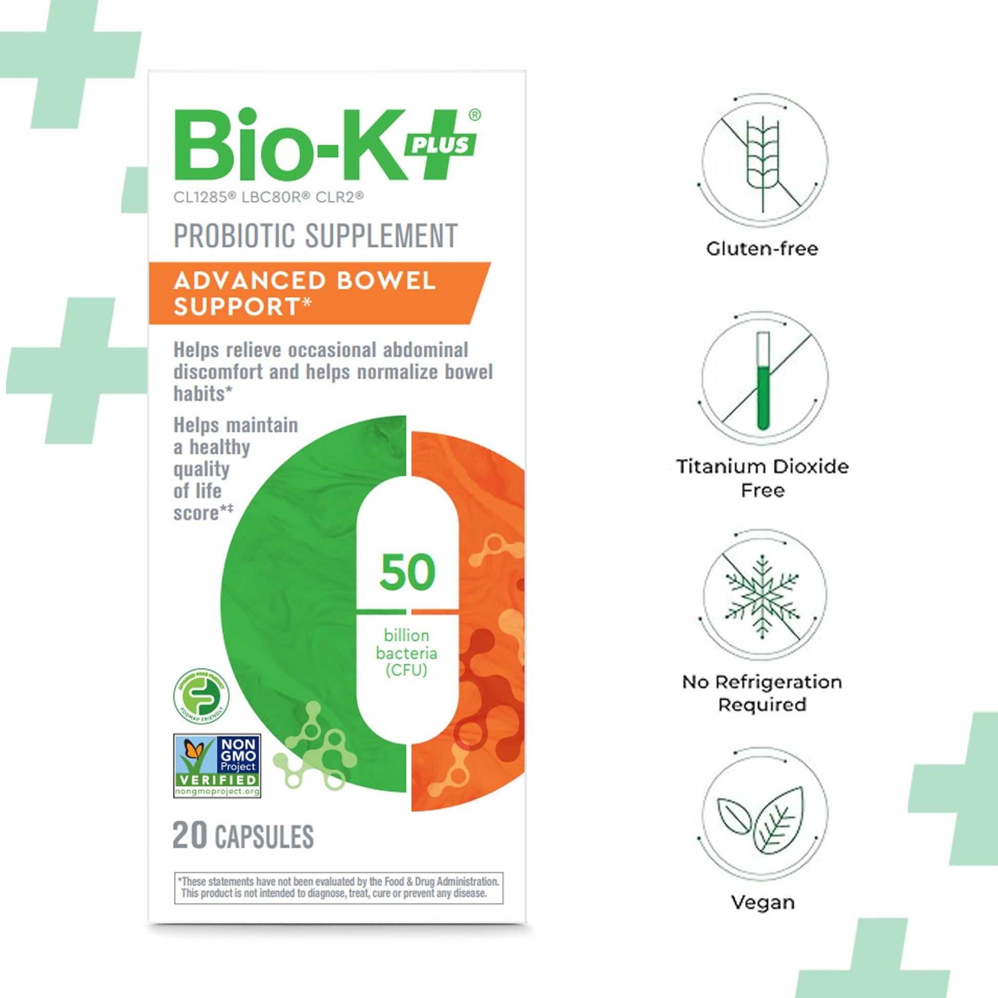 Bio-K+ Probiotic Advanced Bowel Support – 50 Billion CFU – Vegan, Gluten-Free, Non-GMO – Supports Digestive Health & Regularity – for Men & Women – 20 Probiotic Capsules Bio-K Plus buy supplements canada