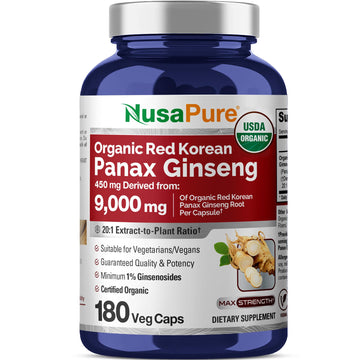 NusaPure Red Korean Panax Ginseng 20:1 Extract, 450 mg Equivalent to 9,000 mg 180 Veggie Caps (USDA Organic, Non-GMO, Vegan, Vegetarian, Bioperine) NusaPure buy supplements canada