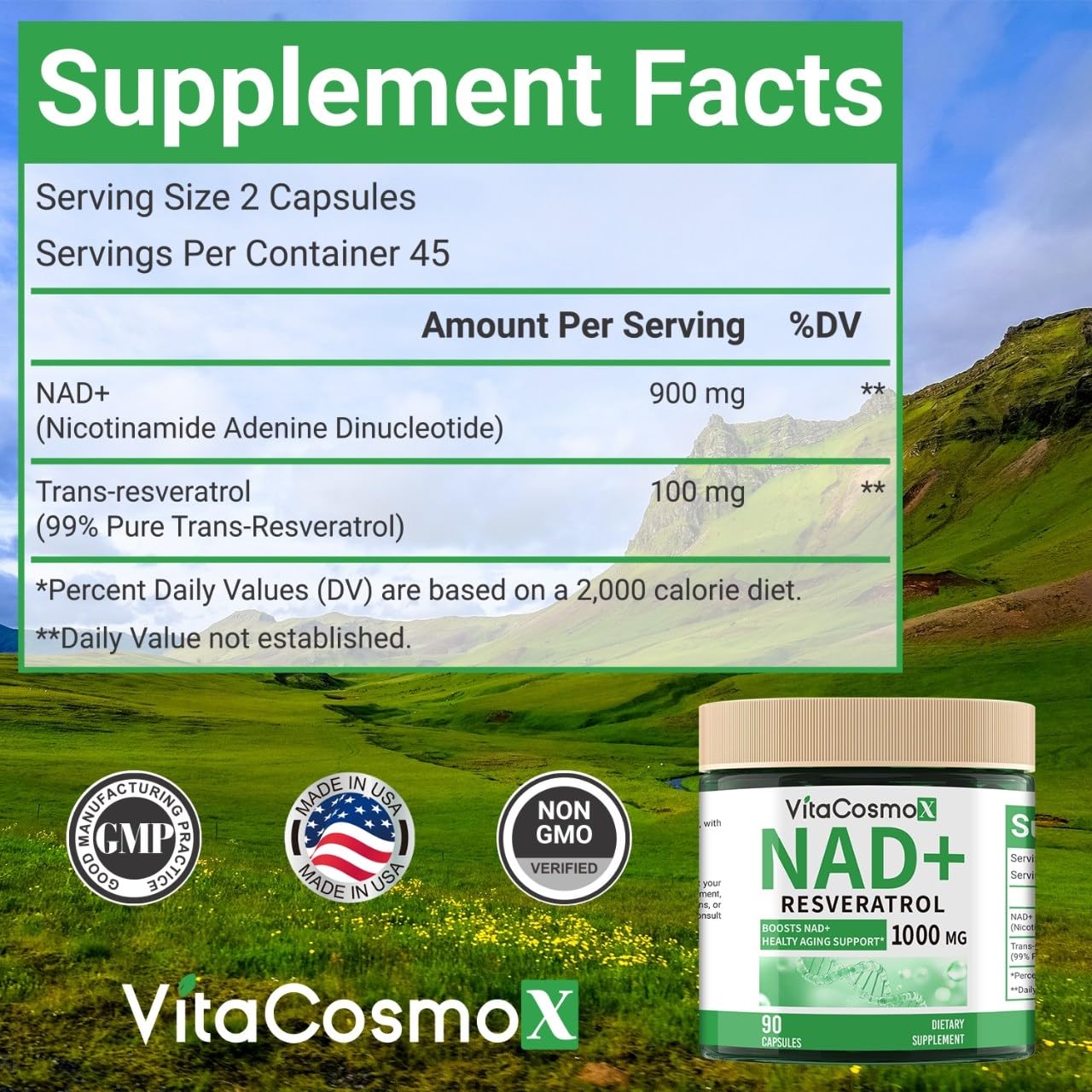 VitaCosmoX NAD+ with Resveratrol Similar to Nicotinamide Riboside Supplement, 1000 mg, 90 Capsules Vegan Non-GMO VitaCosmoX buy supplements canada