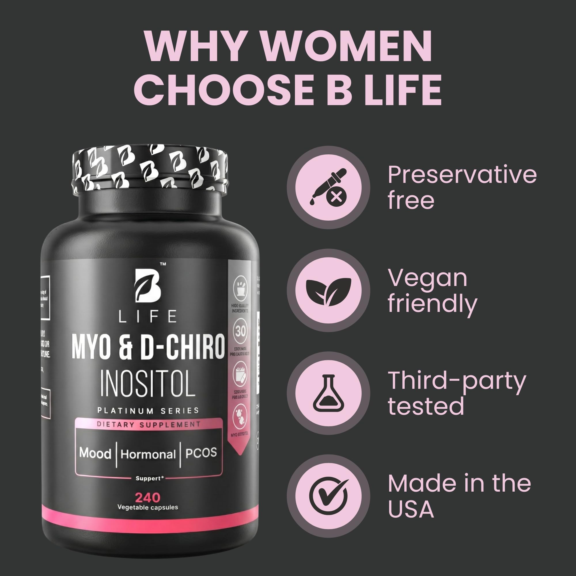 B Life Company Myo-Inositol & D-Chiro Inositol 40:1 for Women | I Inositol Supplement for Women | Hormone Balance, Fertility & Cycle | Vitamin B8, Insulin & Flo Ovarian Support | 240 Caps B Life Company buy supplements canada