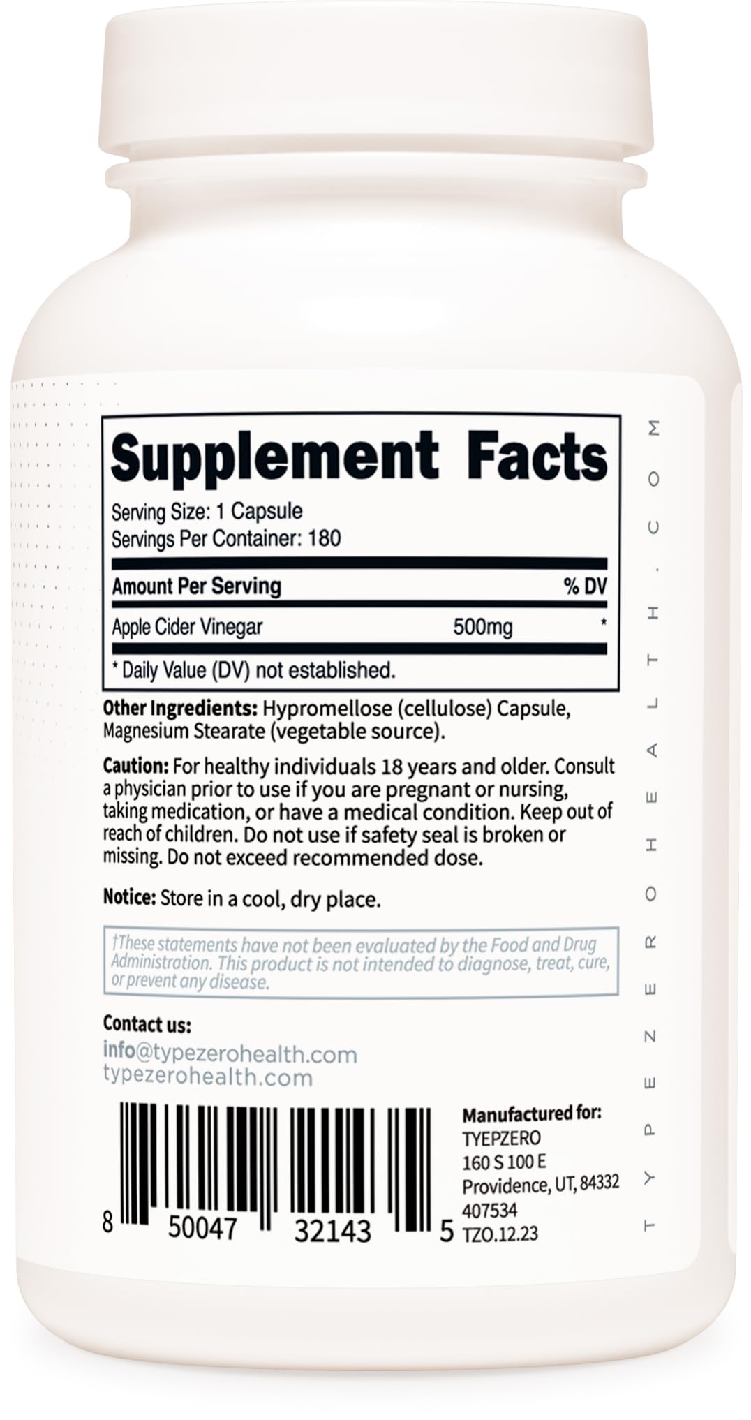 Type Zero Apple Cider Vinegar Capsules (180 Count) 500mg Per Serving - Non-GMO, Gluten-Free Supplement Type Zero buy supplements canada