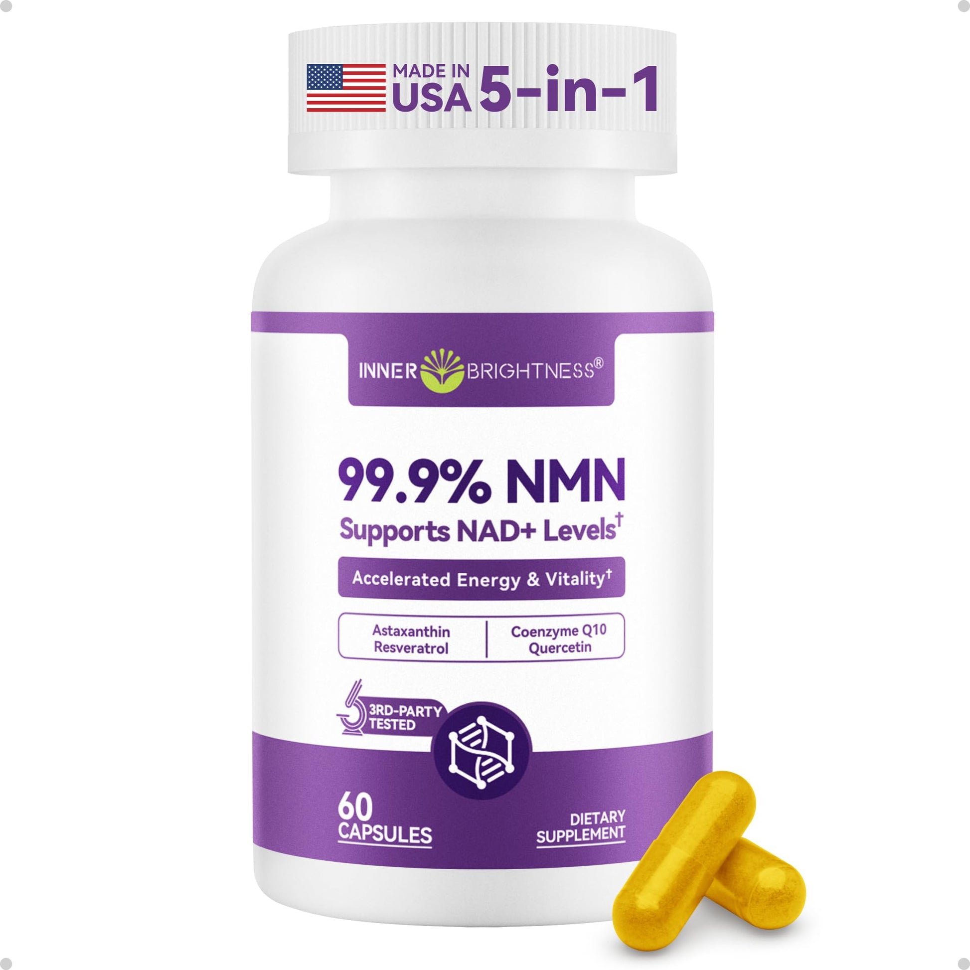 Inner Brightness NMN Supplement 500mg, 99.9% High Purity, Supports NAD+ Levels & Cellular Energy, 5-in-1 Formula with Resveratrol & Astaxanthin, Non-GMO, Gluten-Free, 60 Capsules Inner Brightness buy supplements canada