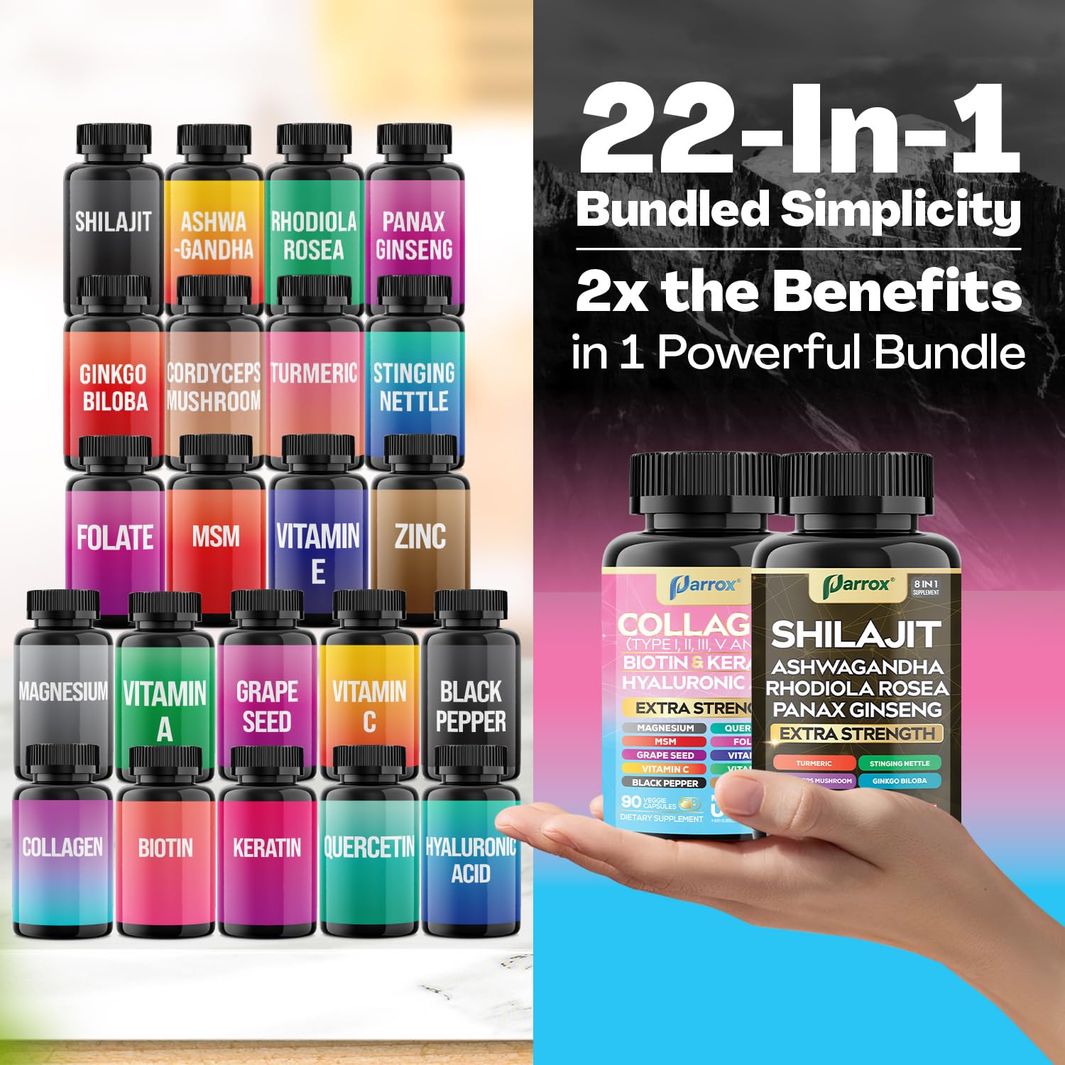 Parrox Adaptogen & Beauty Bundle – Rhodiola, Panax Ginseng, Ashwagandha, Cordyceps, Turmeric, Collagen, Biotin, Keratin, MSM, Hyaluronic Acid, Zinc, Quercetin, Vitamin C, A & E, Folate, Magnesium Parrox buy supplements canada
