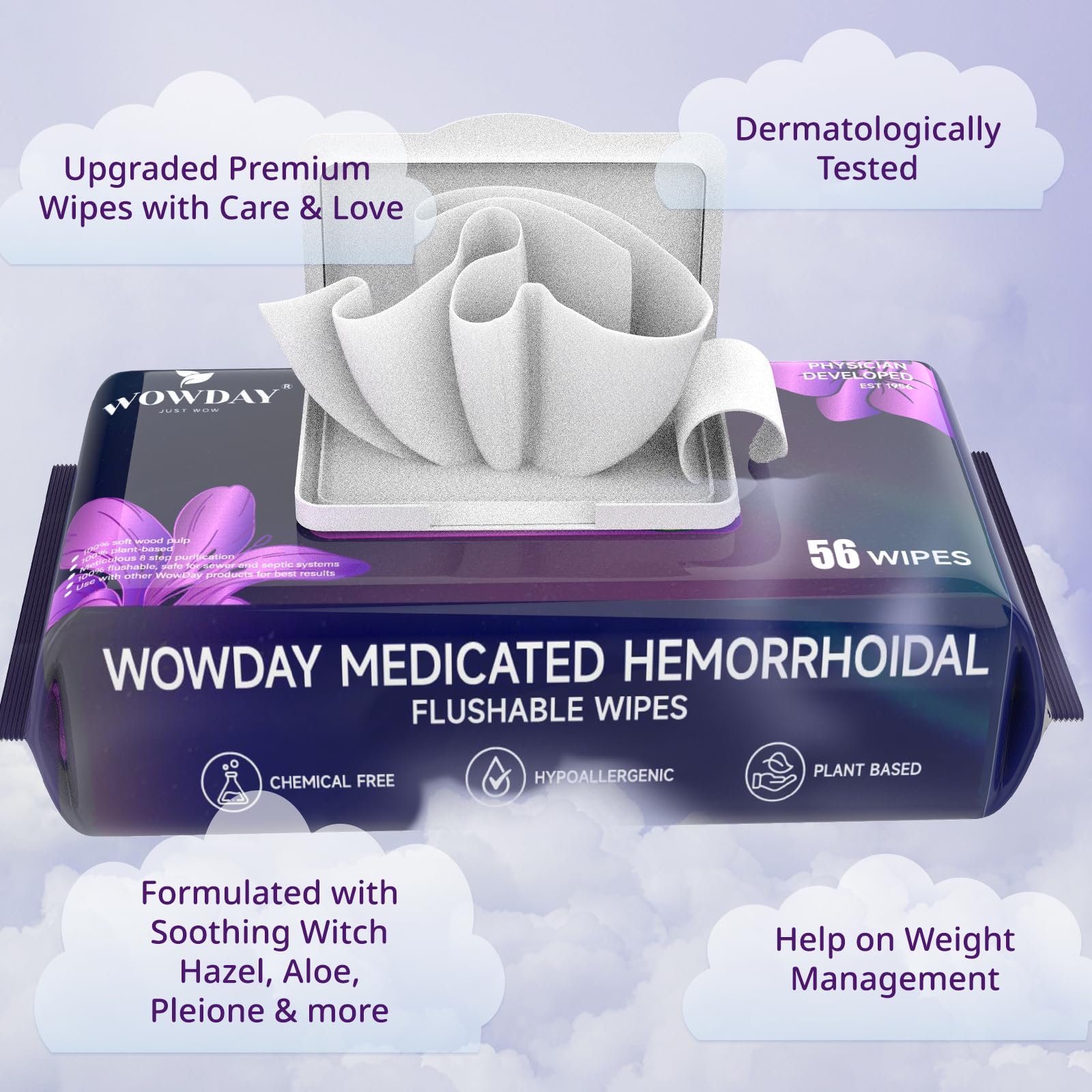 Wowday Flushable Hemorrhoid Wipes | Maximum Strength Witch Hazel Wipes | 56 Count Fragrance Free Adult Hemorrhoids Medicated Witch Hazels Wipe for Butt Hemorrhoidal Itch WowDay buy supplements canada