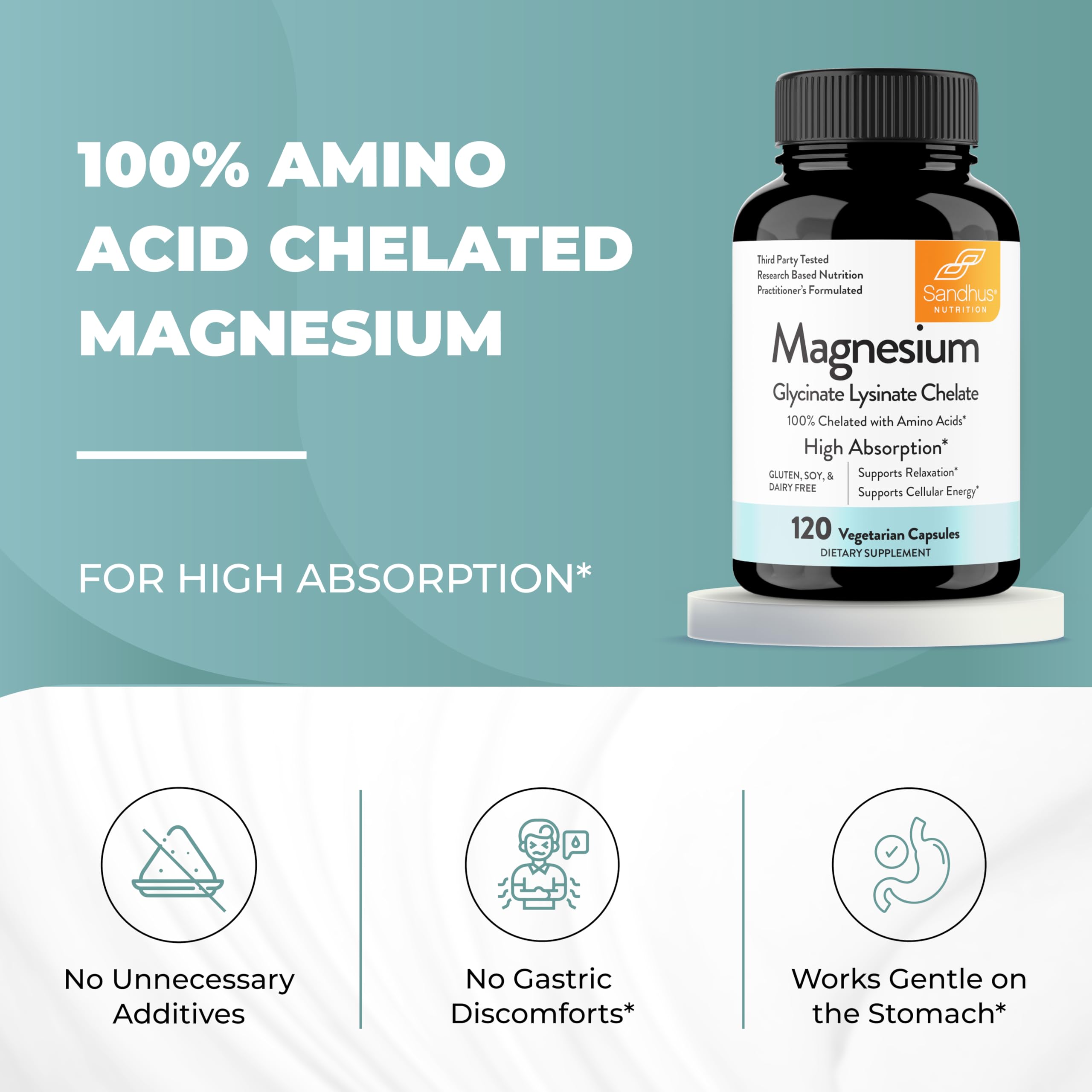 Sandhu's Magnesium Glycinate Lysinate | 120 Easy to Swallow Chelated Vegan Capsules | Magnesium Lysine Chelate Supplement for High Absorption | for Best Sleep, Leg Cramps, Relaxation Sandhu's buy supplements canada