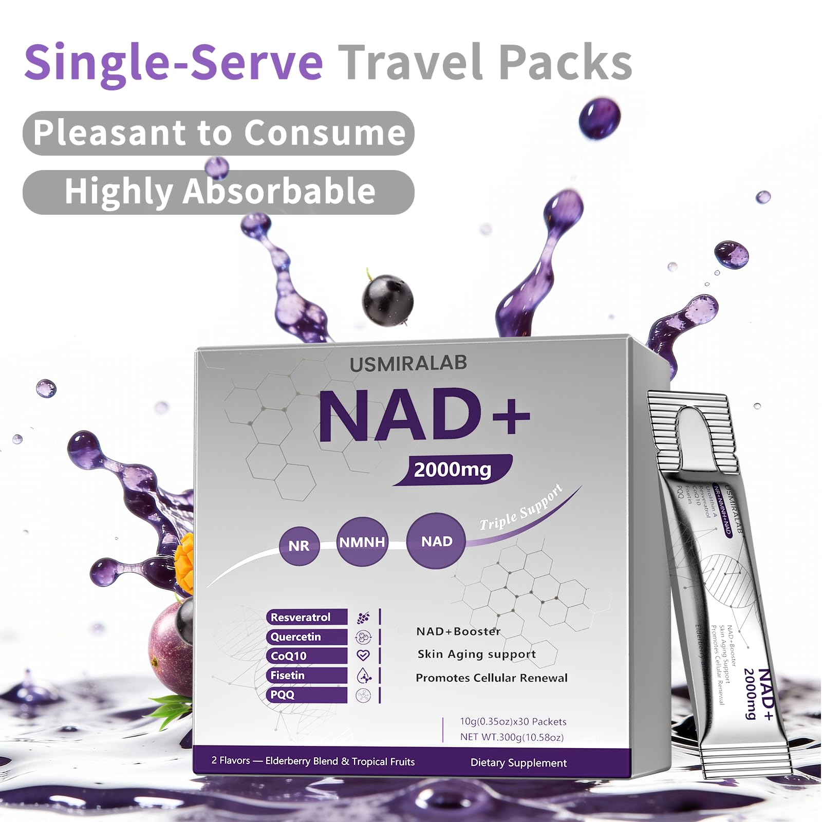 NAD+ Supplement Packets | 1000mg Liquid | Advanced Nicotinamide Riboside, Trans-Resveratrol, PQQ & Quercetin Complex for Cellular Energy & Healthy Aging Support - 2 Flavors (30 Count) USMIRALAB buy supplements canada