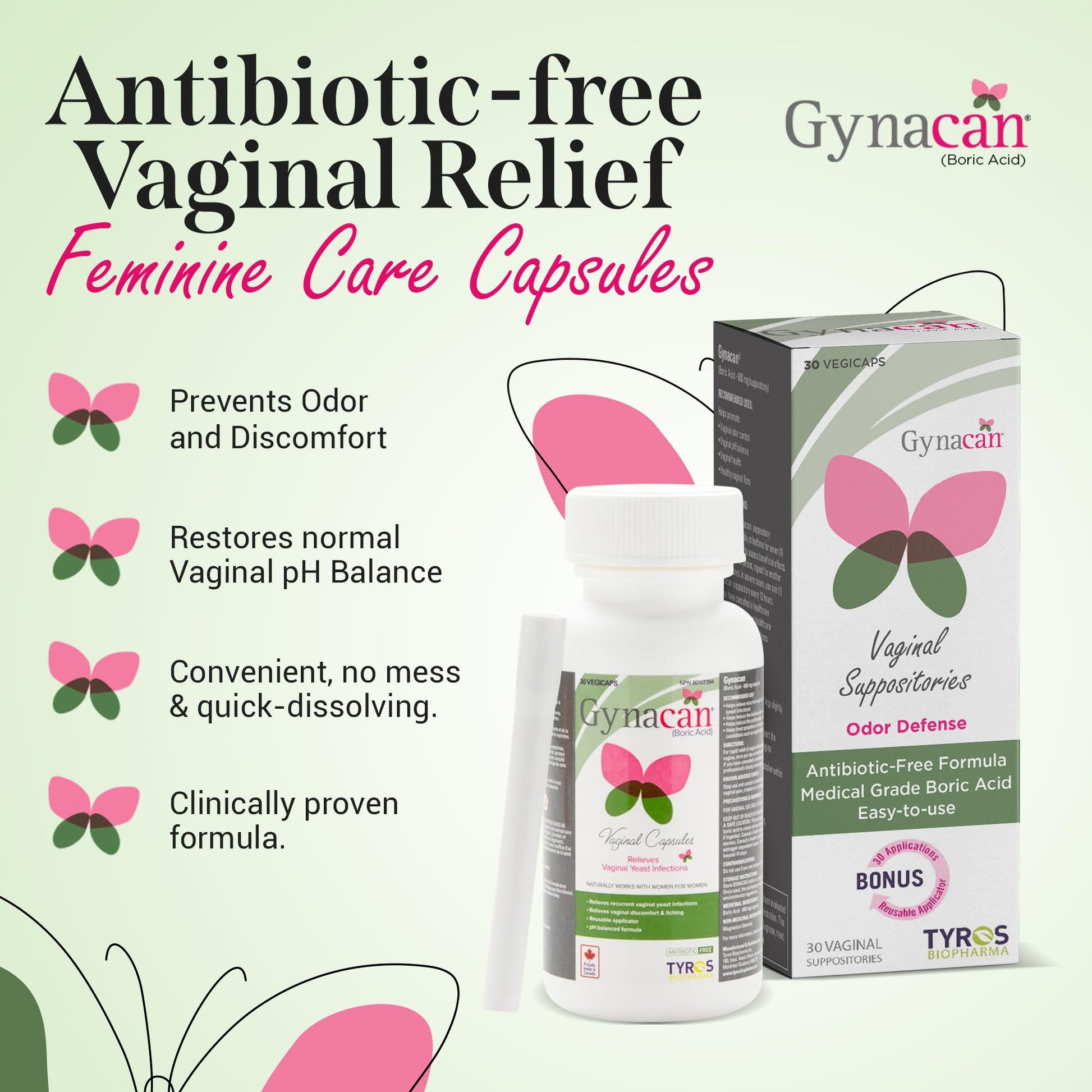 Gynacan Boric Acid Suppositories for Women - pH Balance Vaginal Treatment for Women Odor Prevention, Pure Formula, No-Mess Applicator, Gentle & Effective Gynacan buy supplements canada