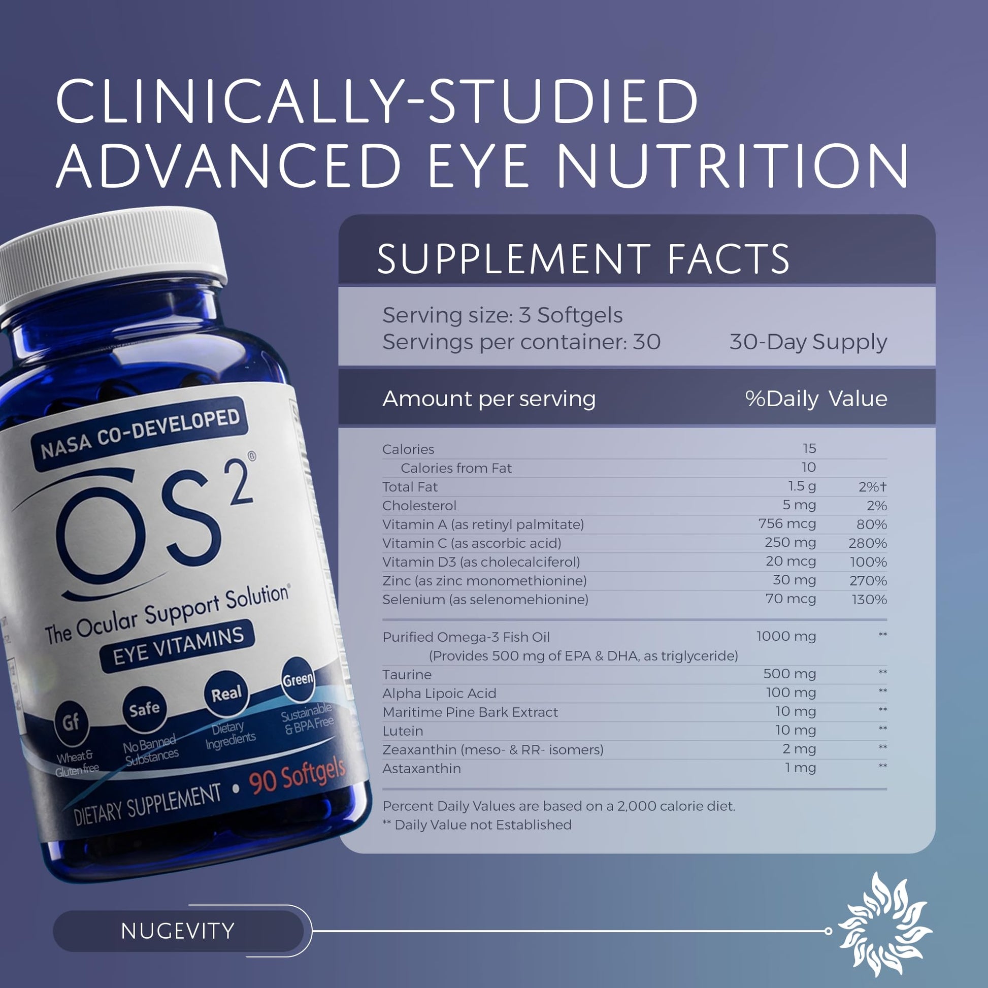 Nugevity OS2 Ocular Support Solution - Patented Eye Vitamins for Macular Health, Dry Eye and Blue Light - Lutein, Zeaxanthin, Omega 3, Astaxanthin and AREDS2 Supplements, Co-Developed by NASA, 90 ct Nugevity buy supplements canada