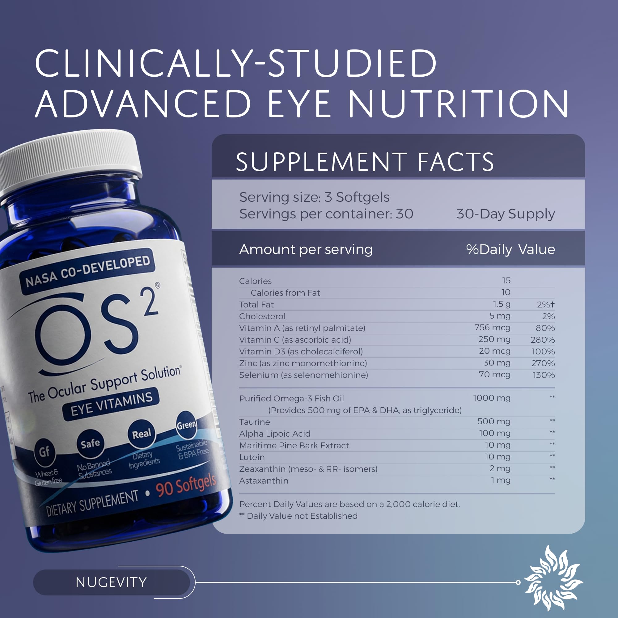 Nugevity OS2 Ocular Support Solution - Patented Eye Vitamins for Macular Health, Dry Eye and Blue Light - Lutein, Zeaxanthin, Omega 3, Astaxanthin and AREDS2 Supplements, Co-Developed by NASA, 90 ct Nugevity buy supplements canada