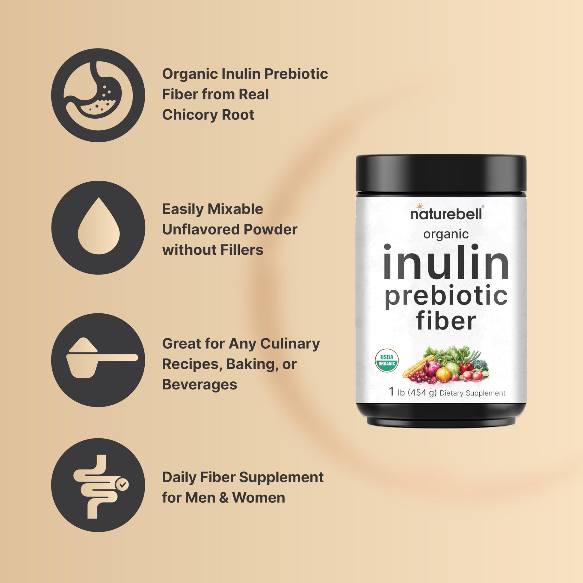 NatureBell Organic Inulin Prebiotic Fiber Powder, 1lb | Natural Chicory Root Source – Easily Mixes with Coffee or Smoothies – Fiber Supplement for Women & Men NatureBell buy supplements canada