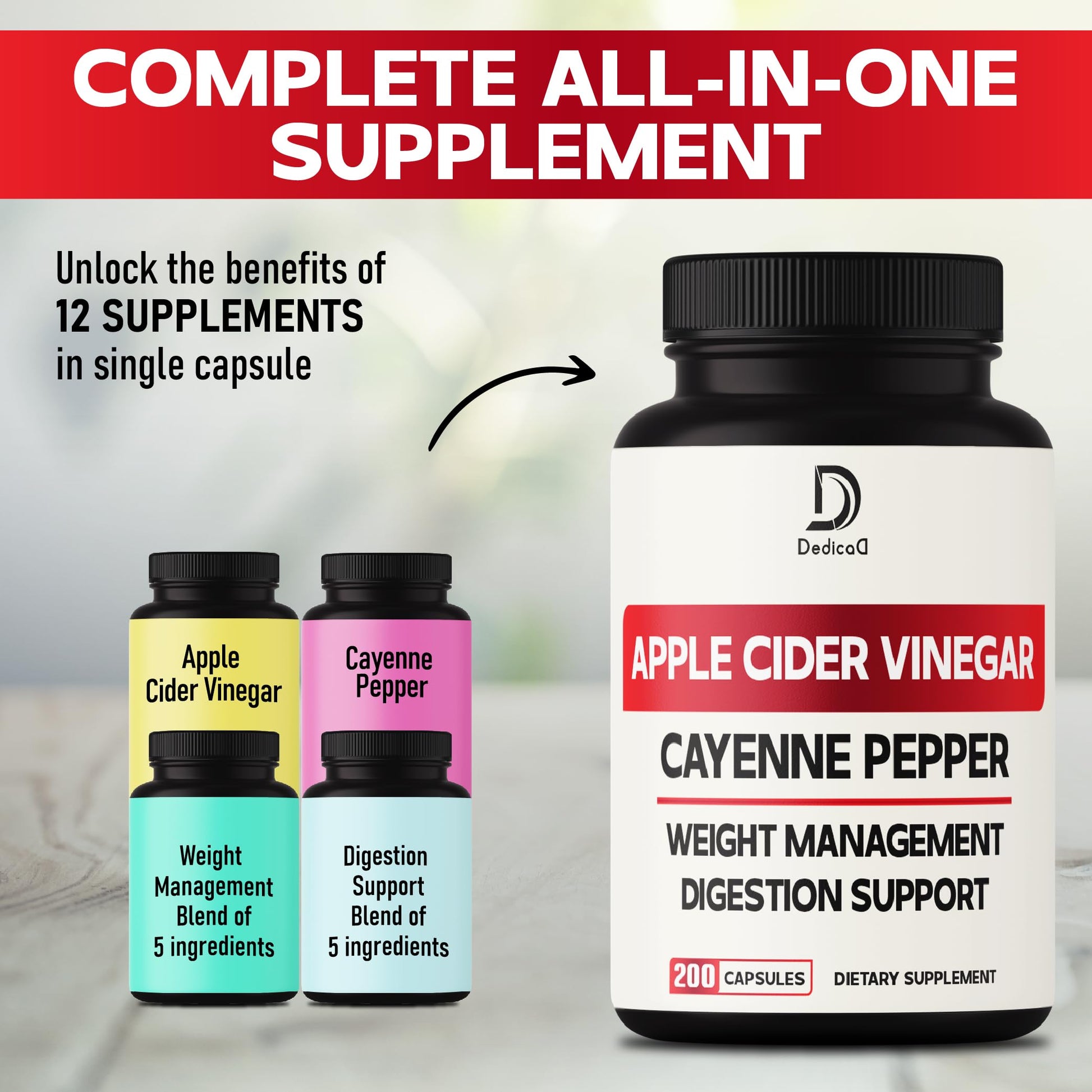 12in1 Apple Cider Vinegar Supplements - 200 Capsules with Cayenne Pepper, Grape Seed DEDICAD buy supplements canada