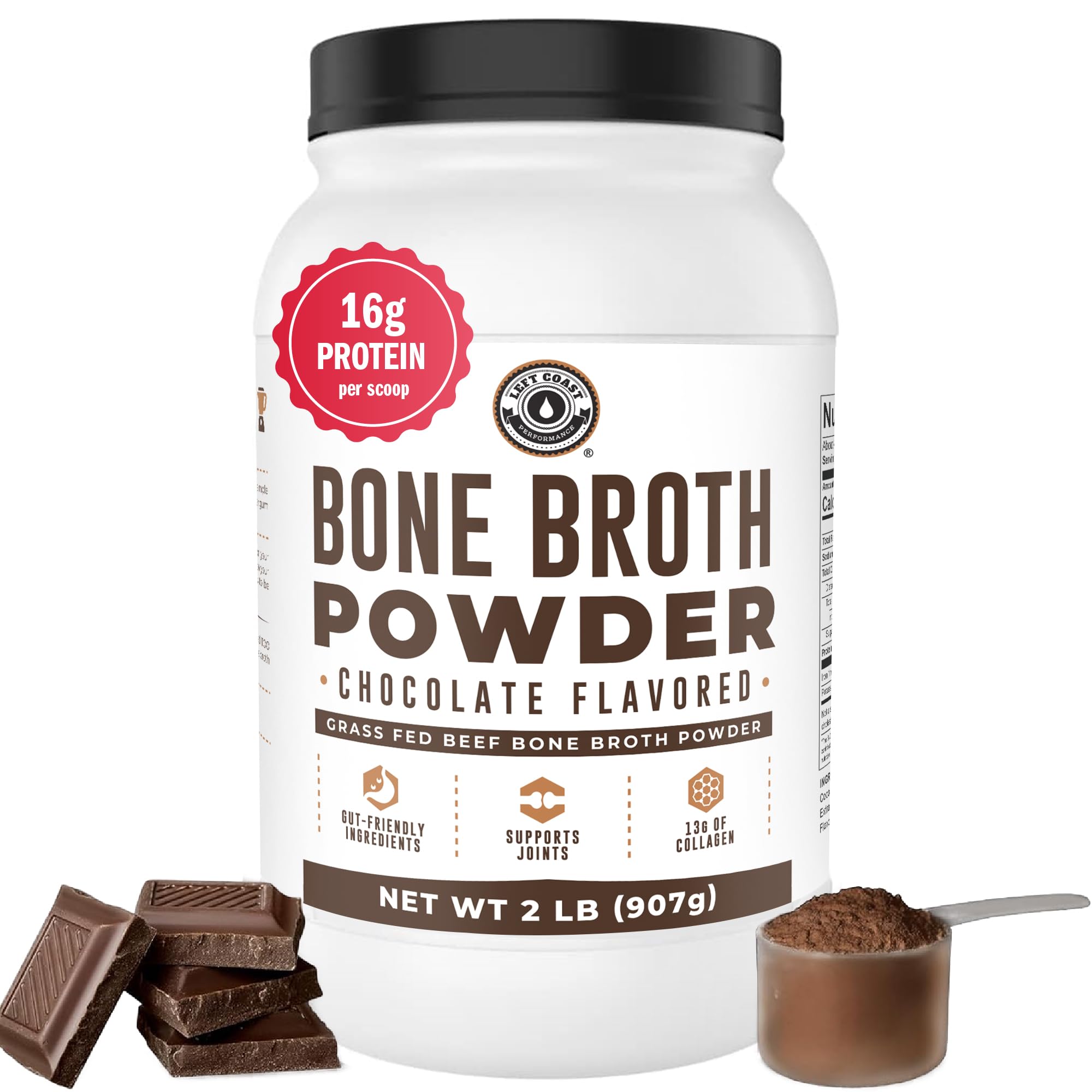 Chocolate Bone Broth Protein Powder - 100% Grass Fed Beef Bone Broth with 16g Protein & 13g Collagen per Serving - Great for Shakes & Hot Chocolate - Keto Friendly Low Carb Left Coast Performance buy supplements canada