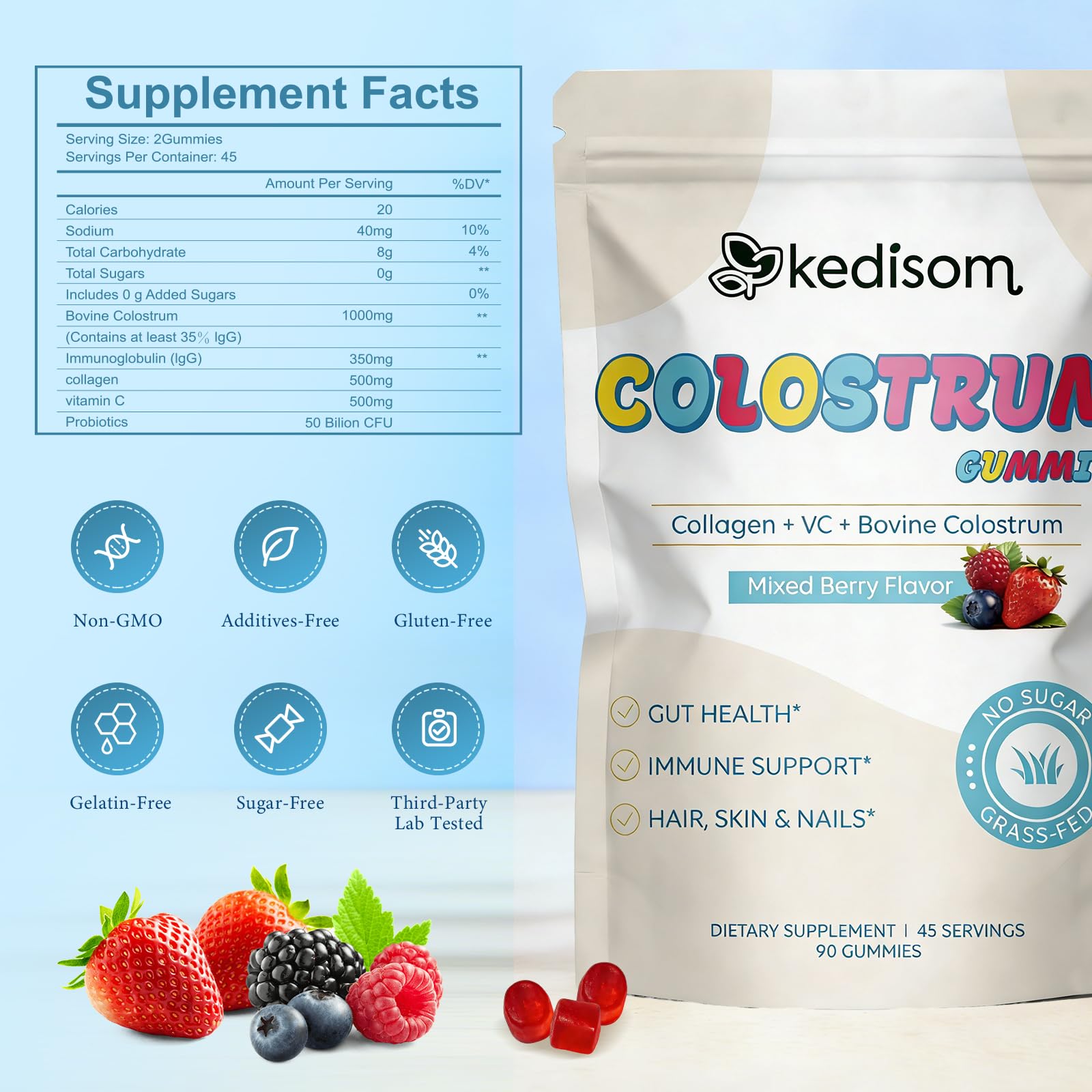 KEDISOM Colostrum Gummies, Grass Fed Colostrum Supplement, 90 Bovine Colostrum Gummies, 45 Servings, Mixed Berry, Sugar-Free KEDISOM buy supplements canada