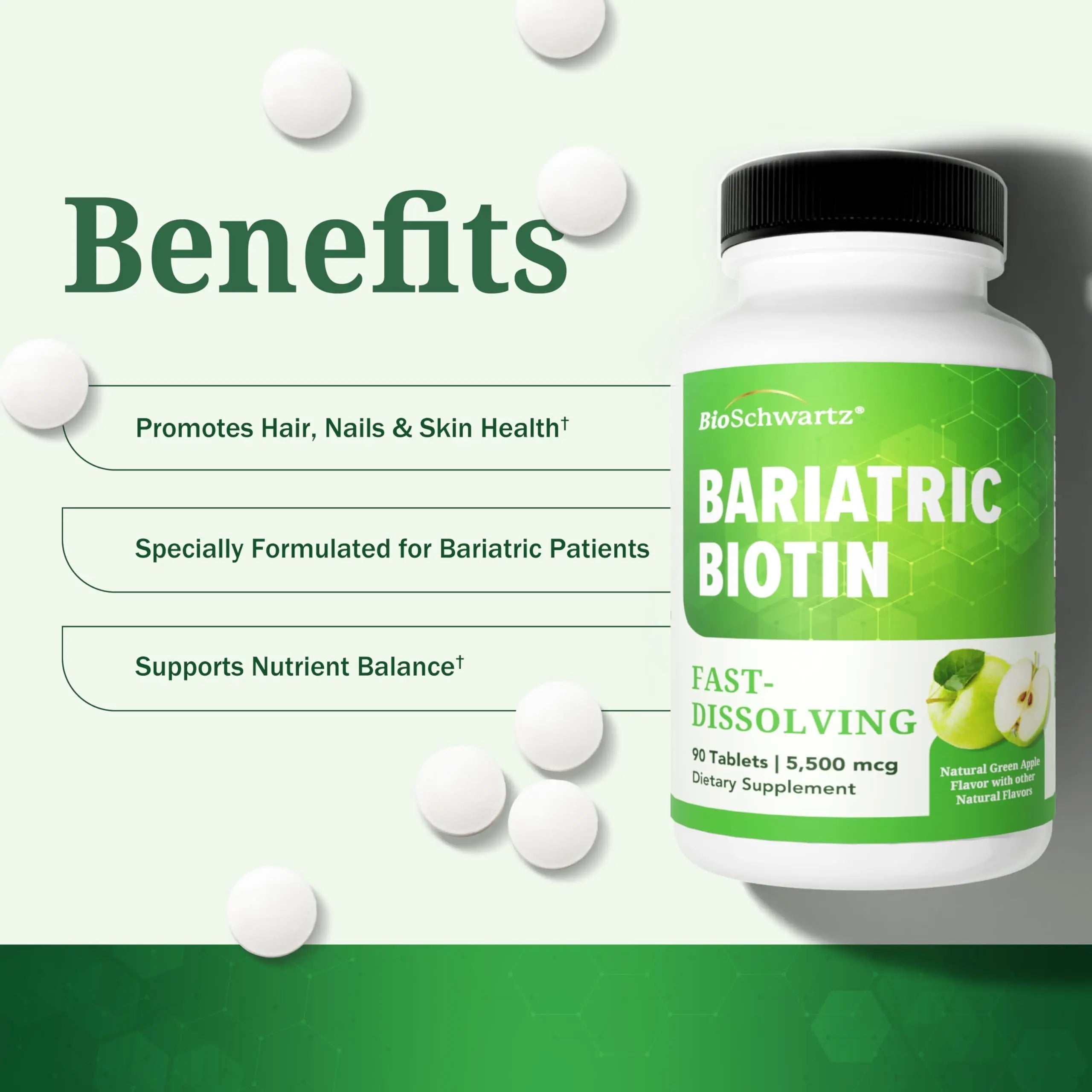 BioSchwartz Bariatric Biotin Chewable Tablets - 5500mcg Biotin per Serving - Green Apple Flavor, 3 Month Supply - Sugar-Free Hair Skin Nails Vitamins BioSchwartz buy supplements canada