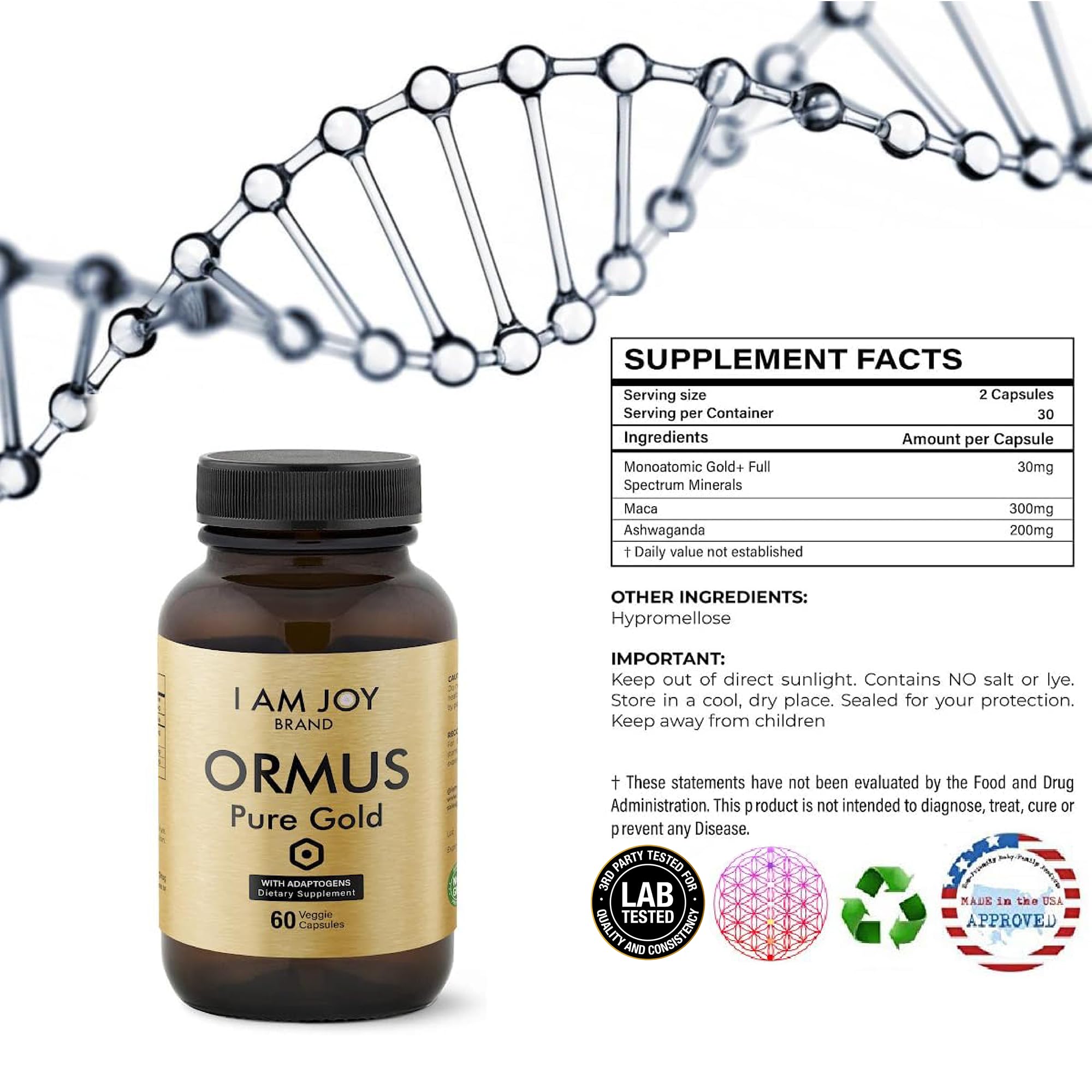 I Am Joy co. Ormus Gold Capsules Monoatomic Elements with Adaptogens Maca and Ashwaganda | May Help Balance Mood, Decalcify Pineal Gland, Repair DNA, Enhance Relaxation - 60 Vegan Capsules I Am Joy co. buy supplements canada